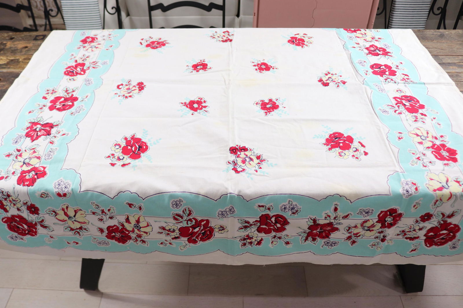Vintage 1930's Cotton Printed Floral Tablecloth: approx. 48 x 50, see photo's