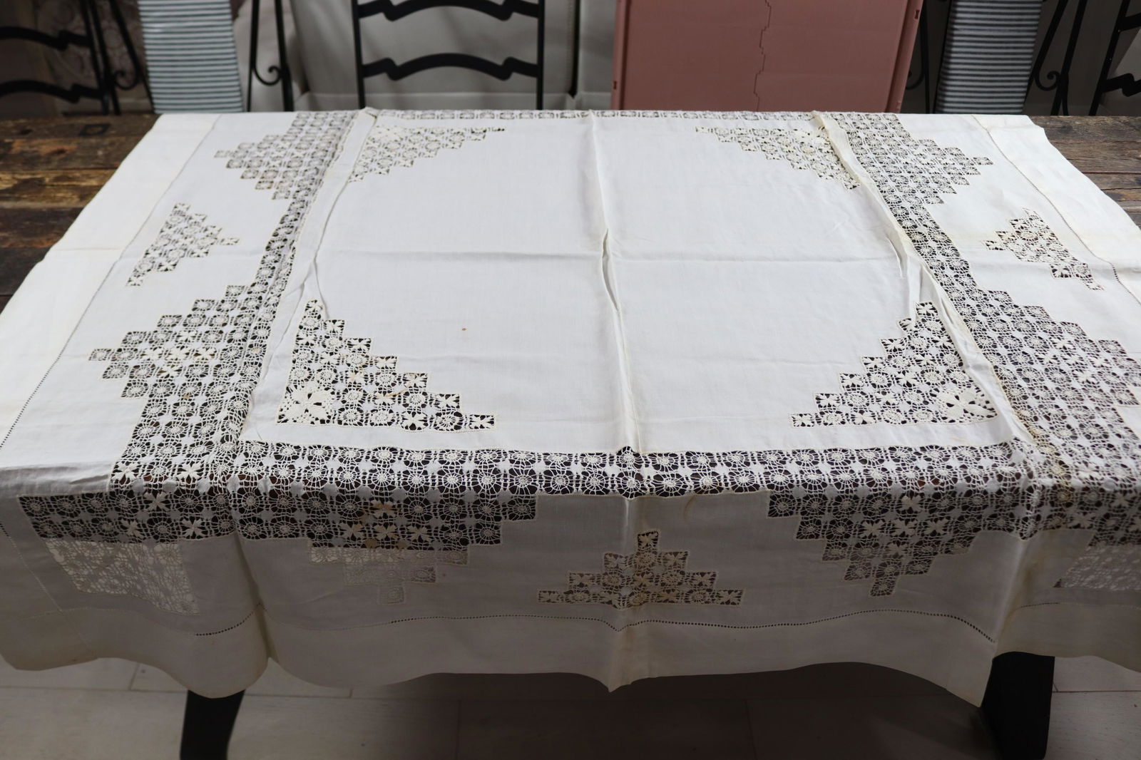 Vintage Needle Lace Tablecloth, Tea Size: approx. 48 x 50, some spots, see photo's