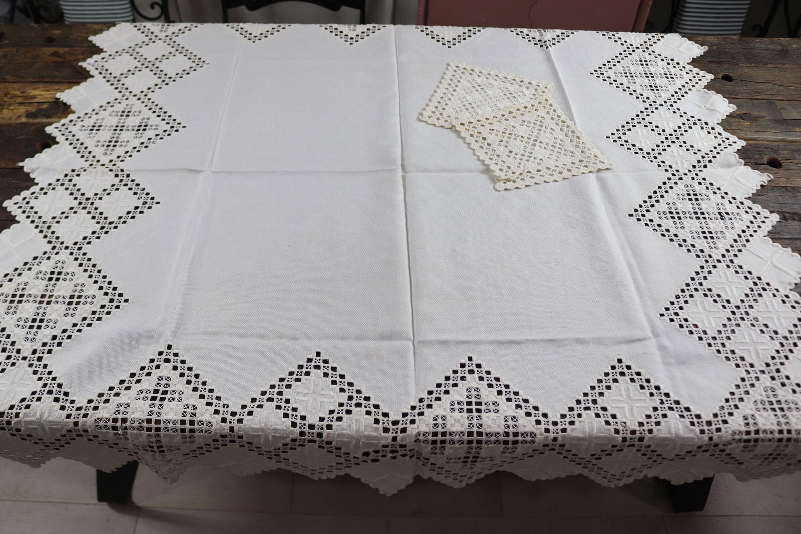Vintage Cutwork Thread Pulled Table Toper & 2 Doilies: approx. 40 square table topper, see photo's