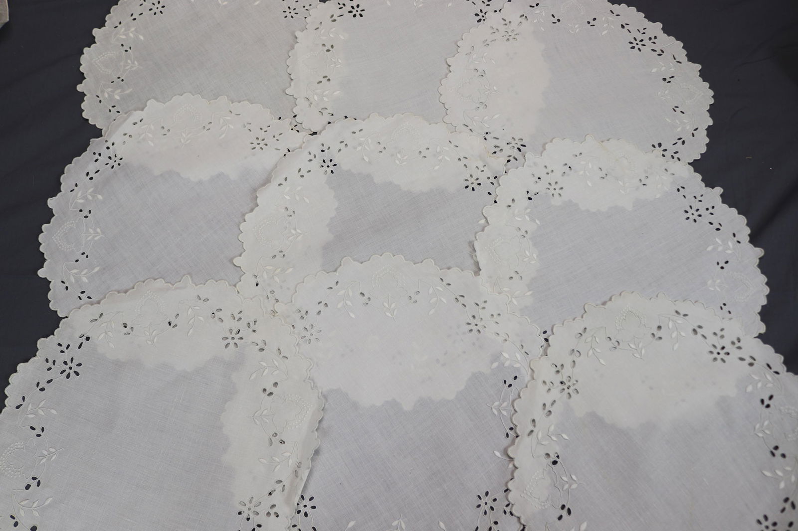 Lot of 9 Vintage Embroidered Cut Work Round Doilies: approx. 11 inches, see photo's