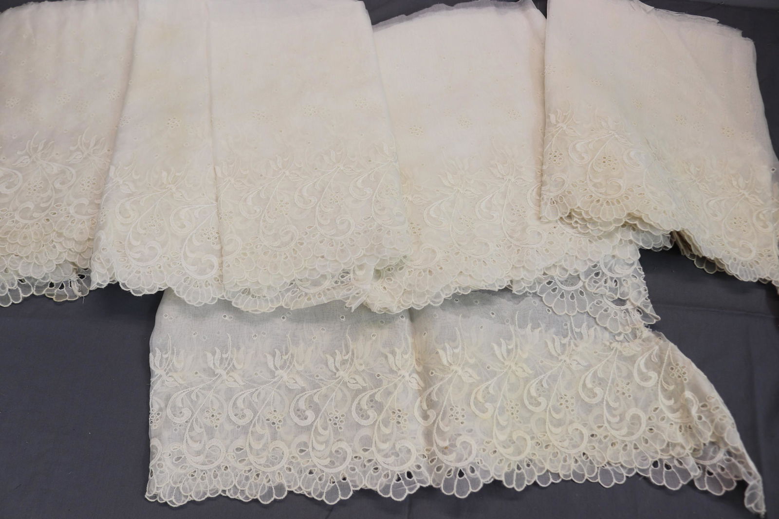 Large Lot of Vintage Embroidered Eyelet Lace Trim: extra wide, approx. 13 inches, approx. 144, 240, 376, 148 and one scrap
