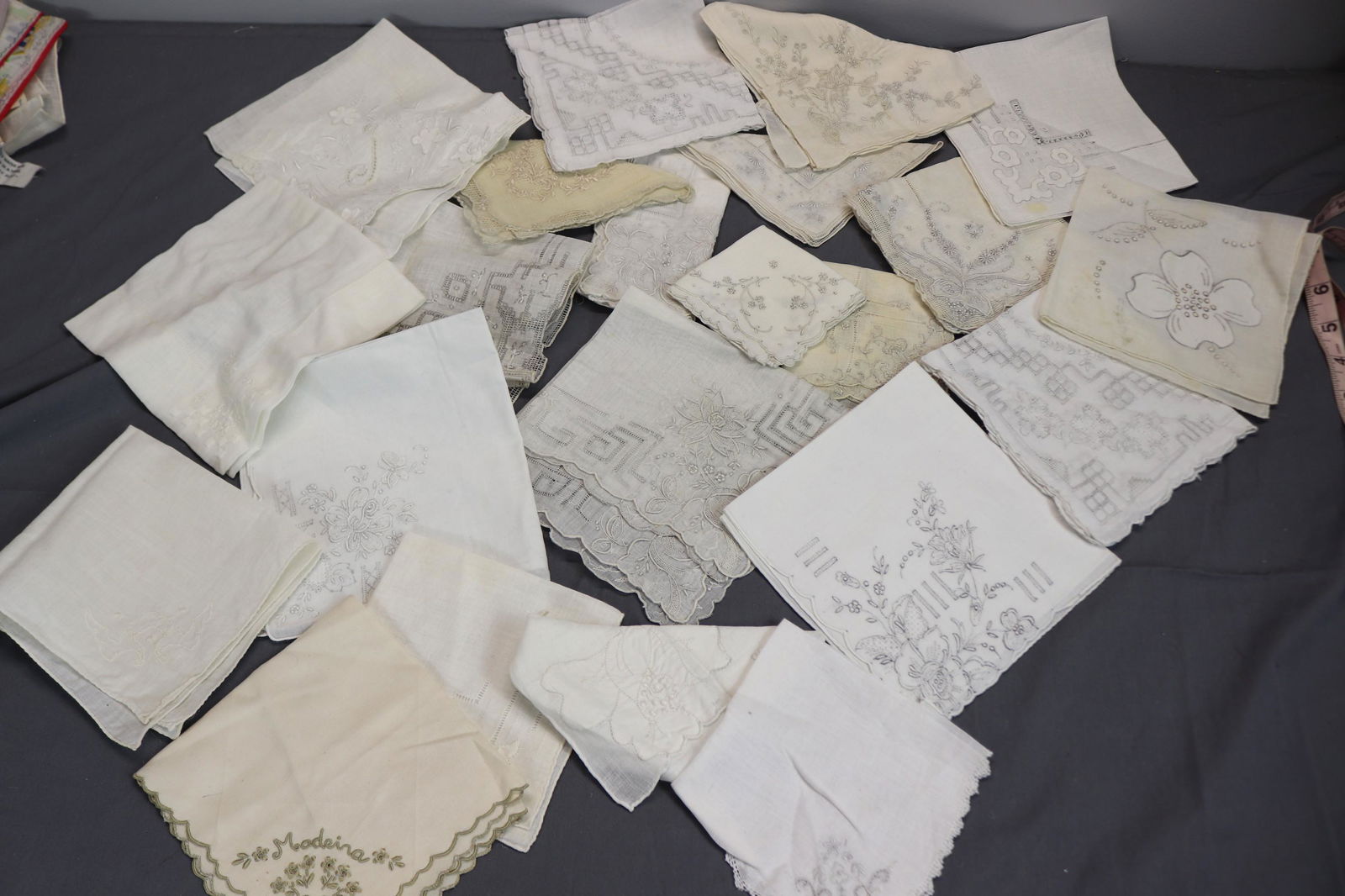 Lot of 21 Vintage White Hankies some Madeira: Some old stock, see photo's, set of 12, 2 set's of 6, 2 set's of 3, and set of 2