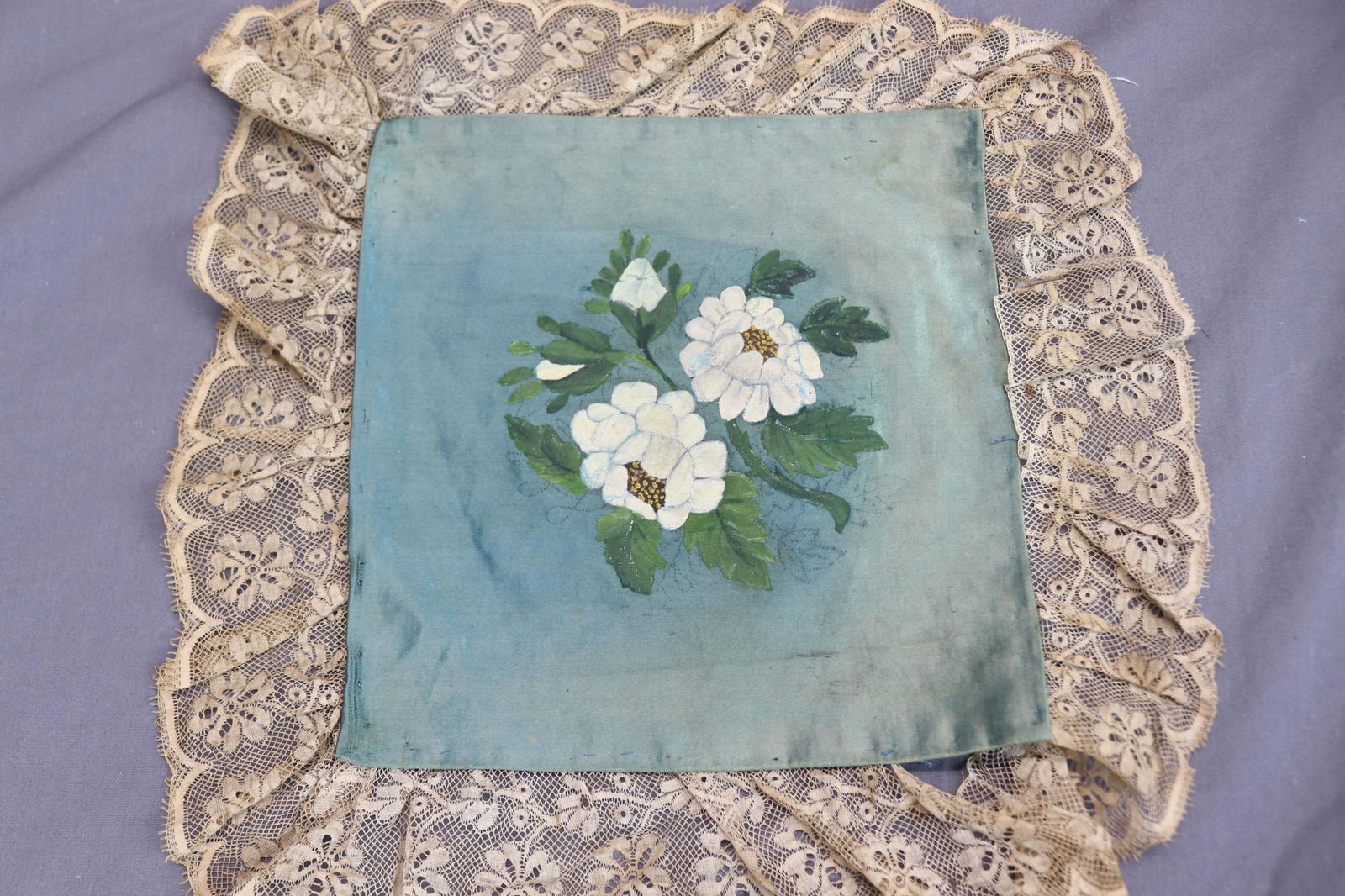 Victorian Hand Painted Doilies with Lace: approx. 12 inches square, some lace has come loose, see photo's