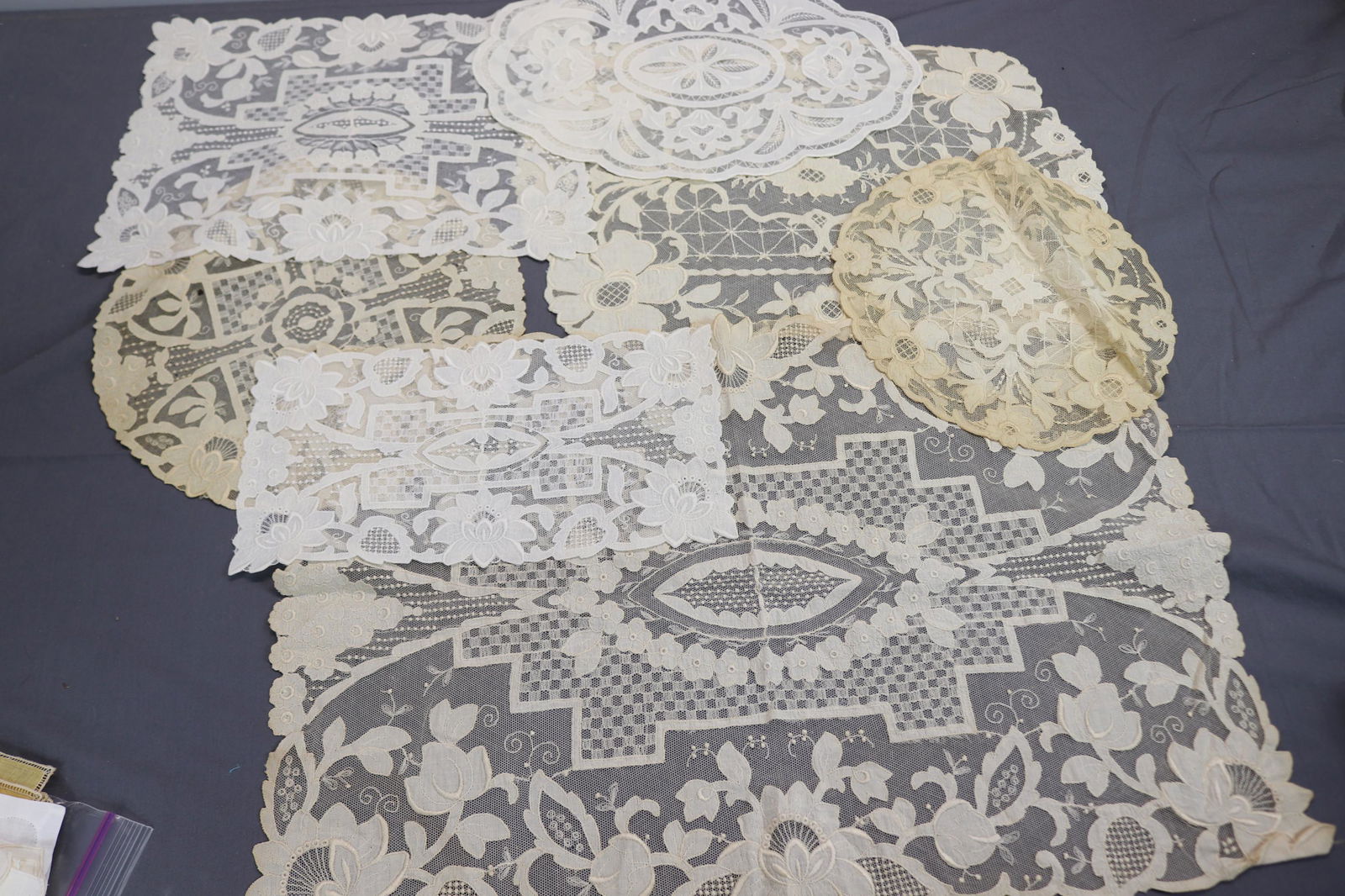 Lot of 7 Vintage Brussels Lace, Various Shapes & Sizes: some small holes on some, see photo's