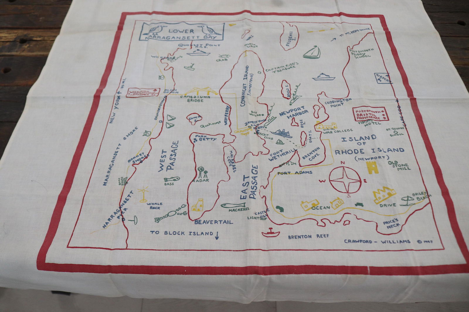 Vintage Narragansett Bay Printed Cotton Tablecloth: approx. 34 square, see photo's