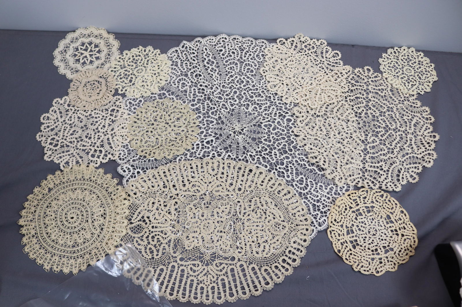 Lot of 12 Vintage Needle Lace Doilies: various sizes, see photo's