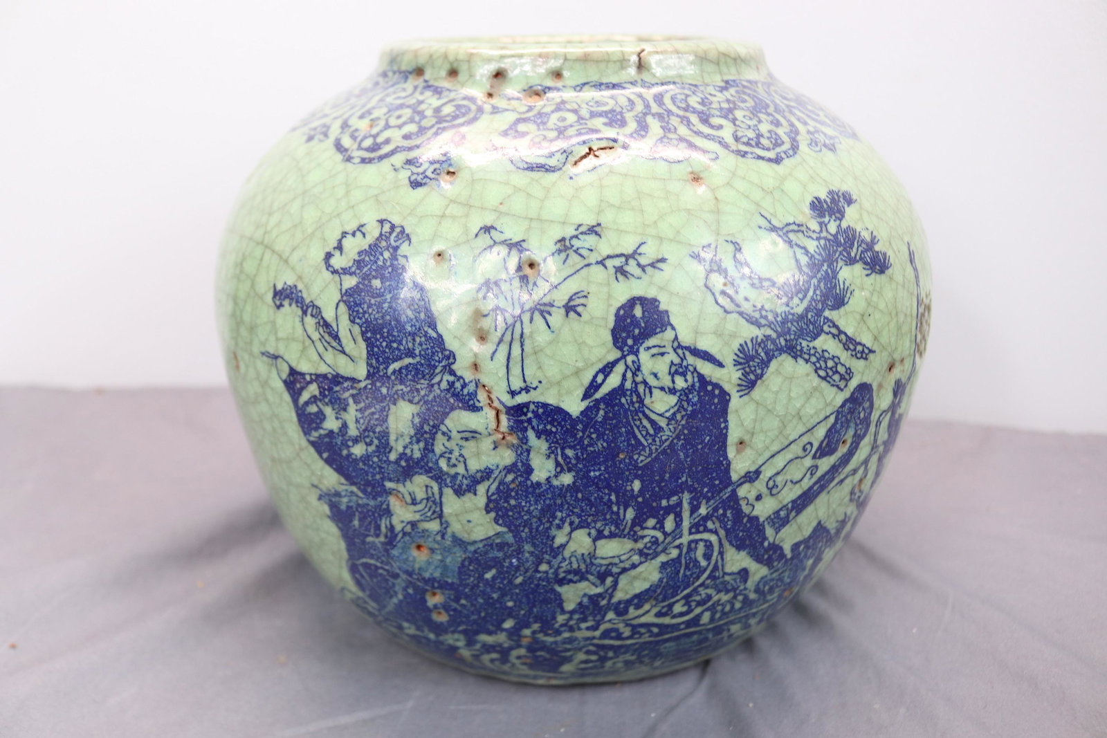 Antique Chinese Caledon Green Crackle Jar with Blue Painting: red pottery hand made, approx. 8 3/4 tall, see photo's
