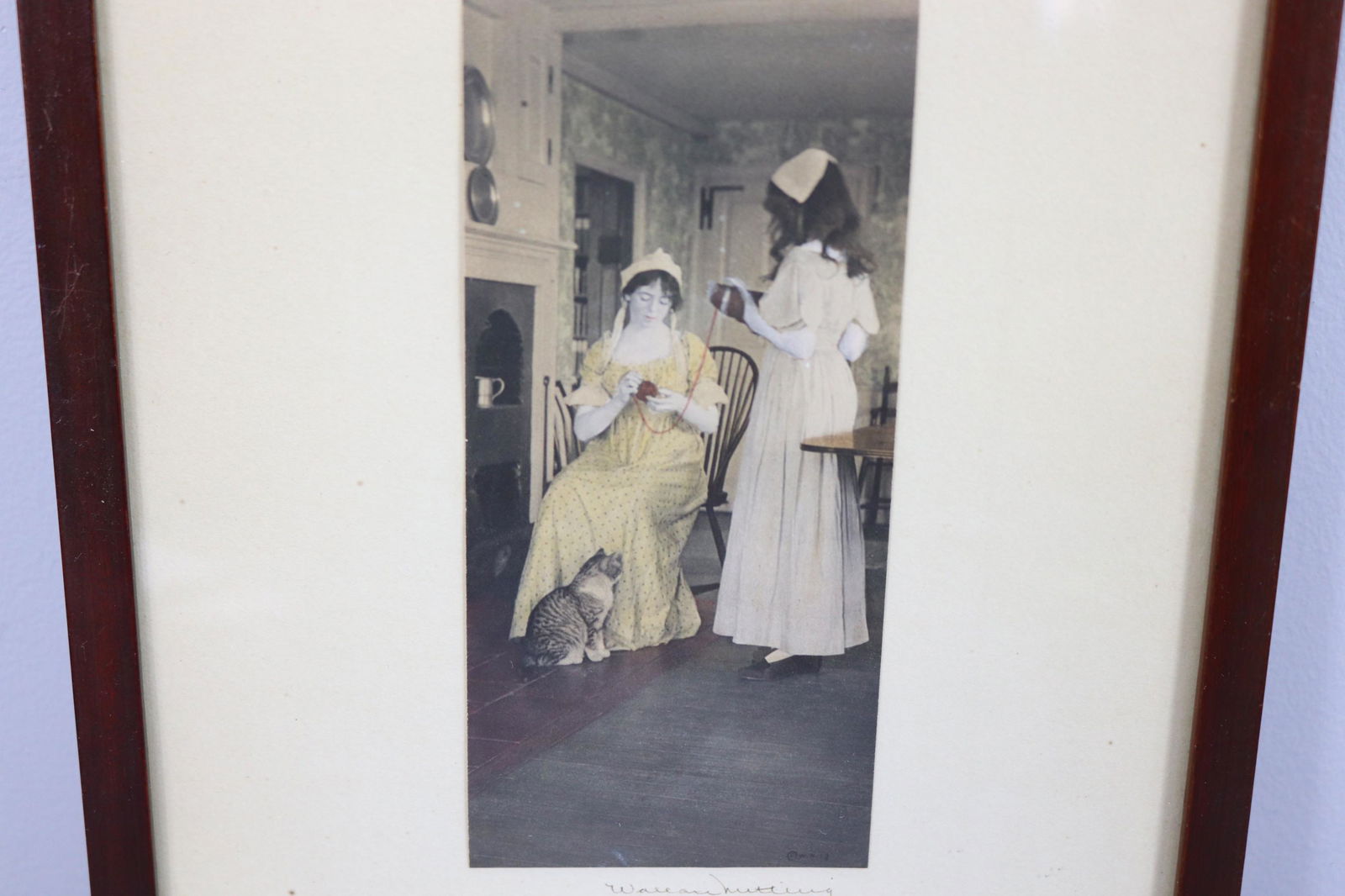 Vintage Wallace Nutting Hand Colored Photo of 2 Woman & Cat: approx. 8 1/2 x 12 1/2 including frame, see photo's