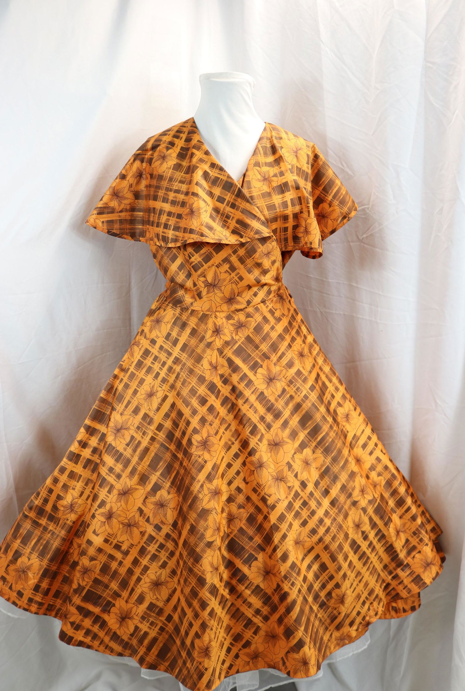 Vintage 1950's Silk Orange and Brown Wrap Dress with Large Shall Collar (1 of 6)