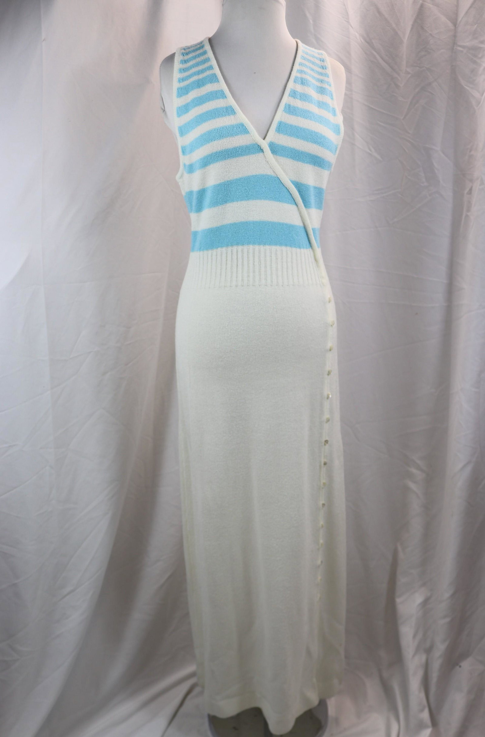 Vintage 1980's International Boutique Old Store Stock Blue & White Knit Maxi Dress: approx. 36 bust, 30 waist, will stretch larger, good condition, with original tags, see photo's