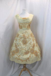 Vintage 1950's Ceil Chapman Taffeta Dress with Gold Metallic Applique: approx. 38 bust, 26/27 waist, some pulls to metallic trim, couple small stains, see photo's