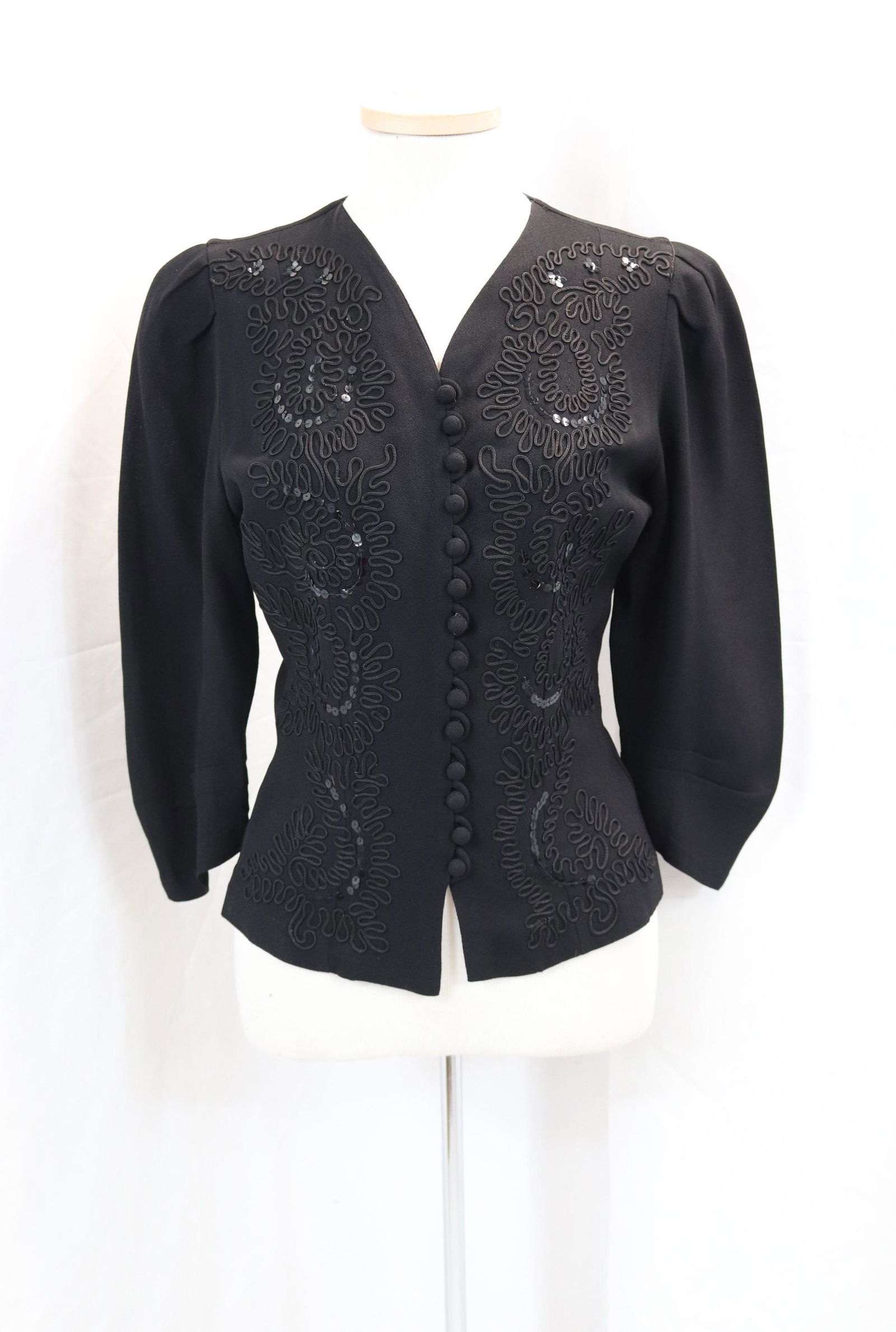 Vintage 1940's Black Rayon Jacket with Cord & Sequin Design (1 of 4)