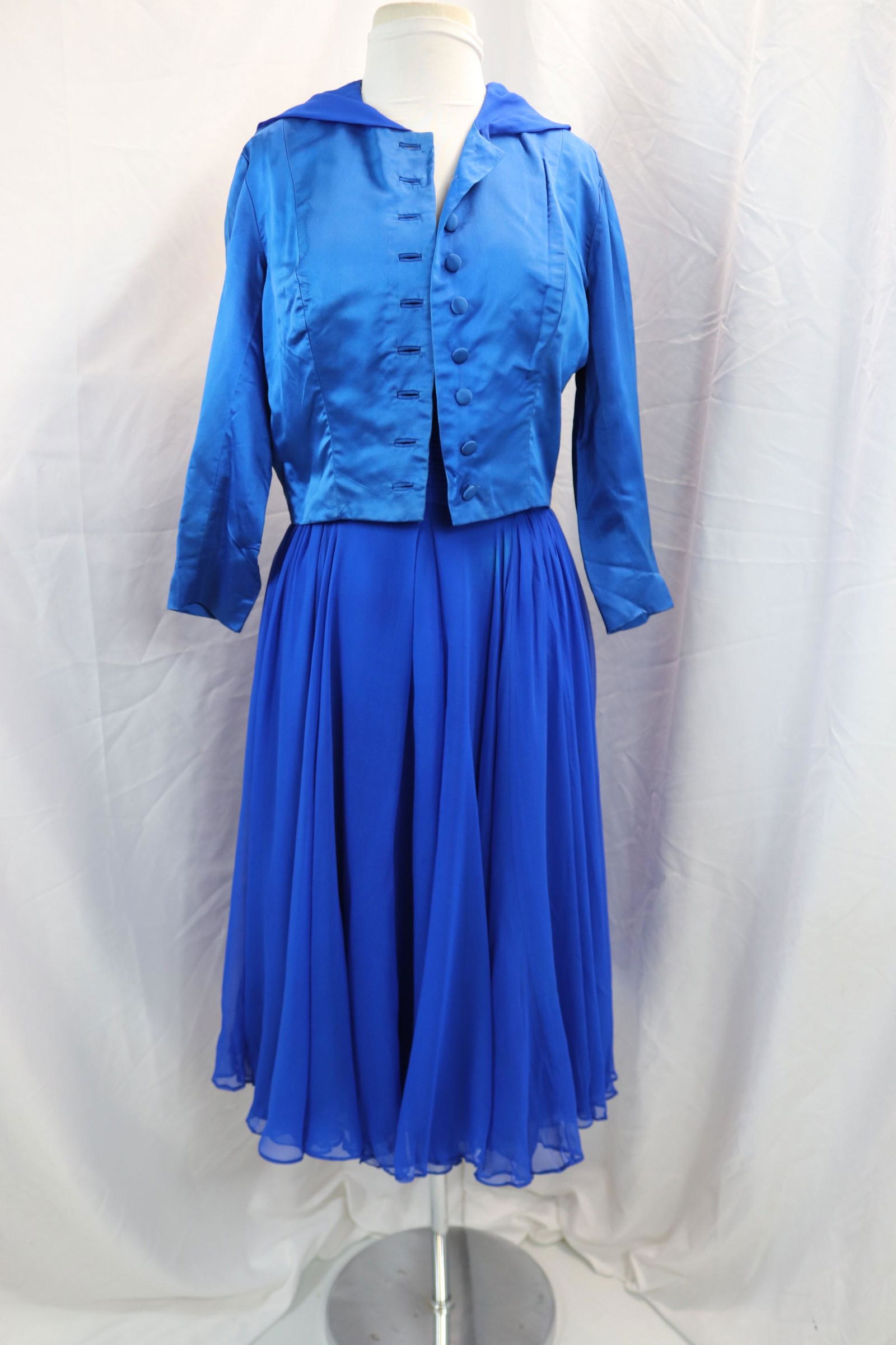 Vintage 1950's Edward Abbott Royal Blue Chiffon Dress & Jacket with Hood (1 of 11)