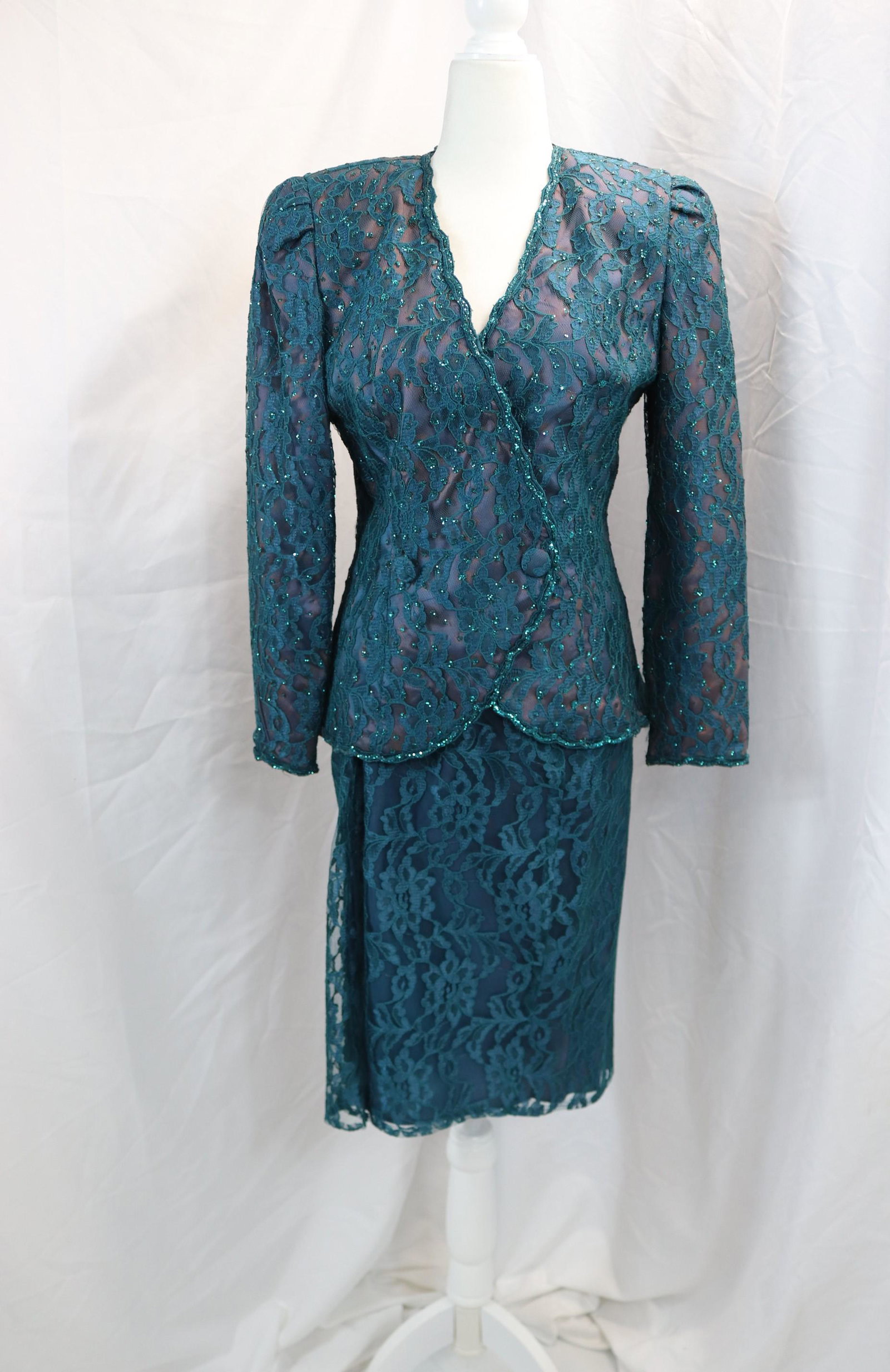 Vintage 1980's After Dark Green Lace & Sparkle Beaded Skirt Set (1 of 5)