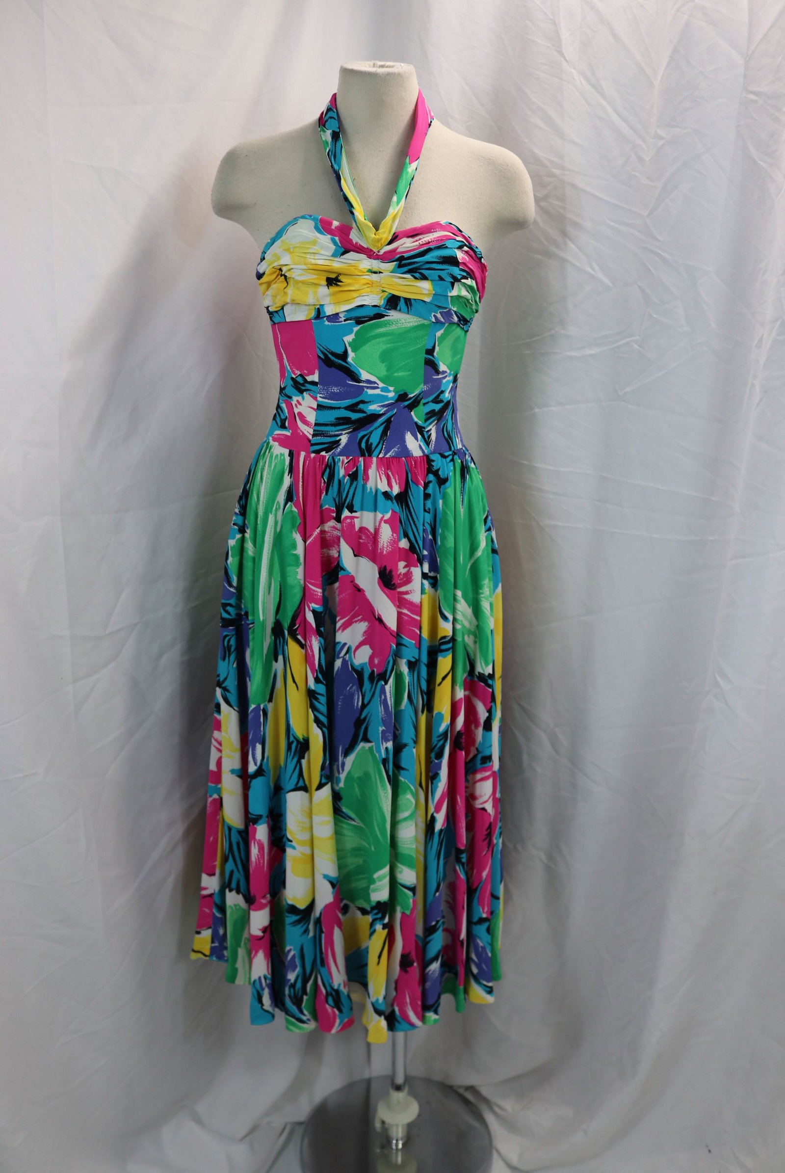 Vintage 1980's Albert Nipon Large Print Floral Rayon Halter Gown (1 of 5)