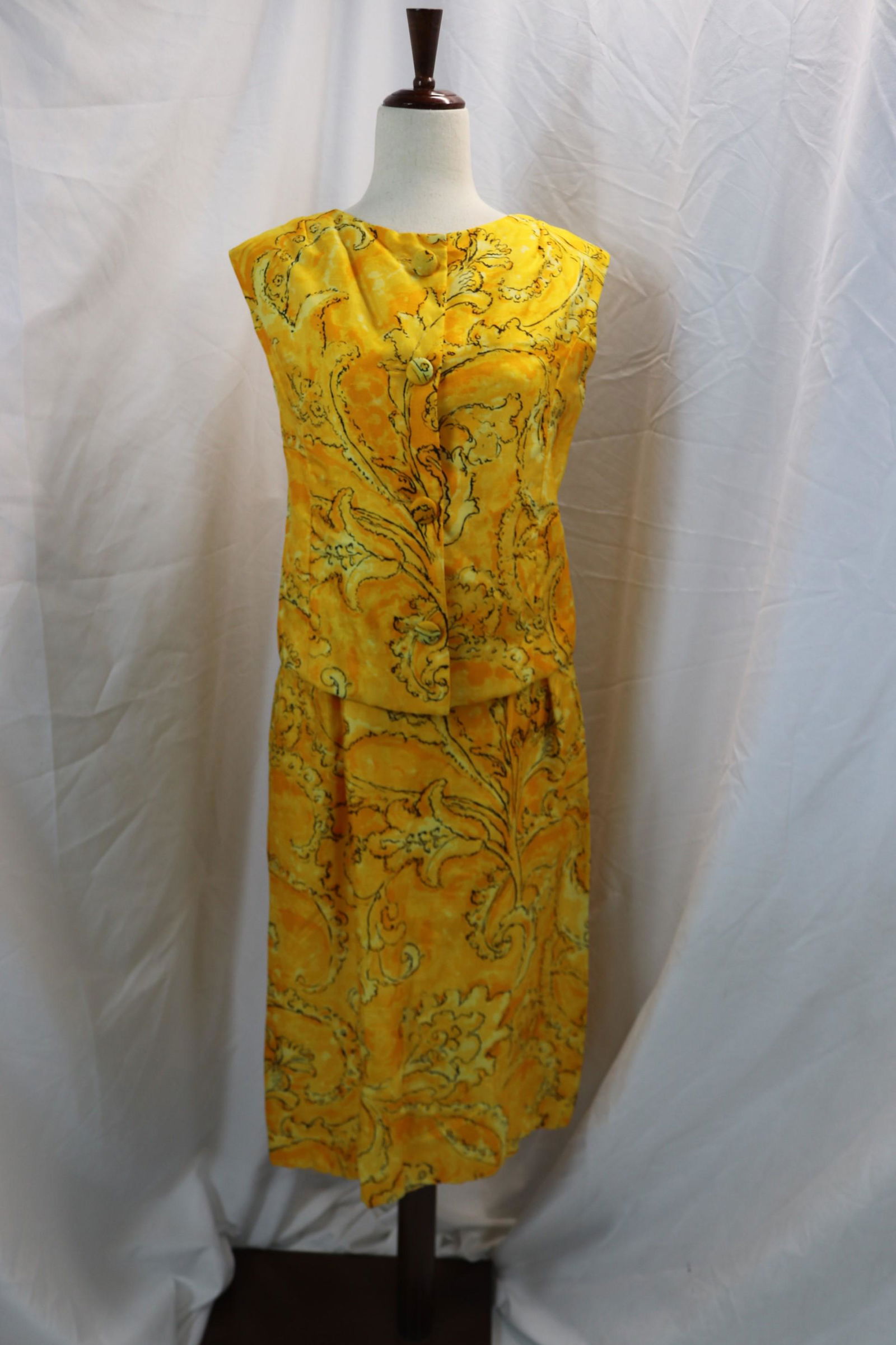 Vintage 1960's Yellow & Black Floral Silk Dress & Jacket (1 of 4)