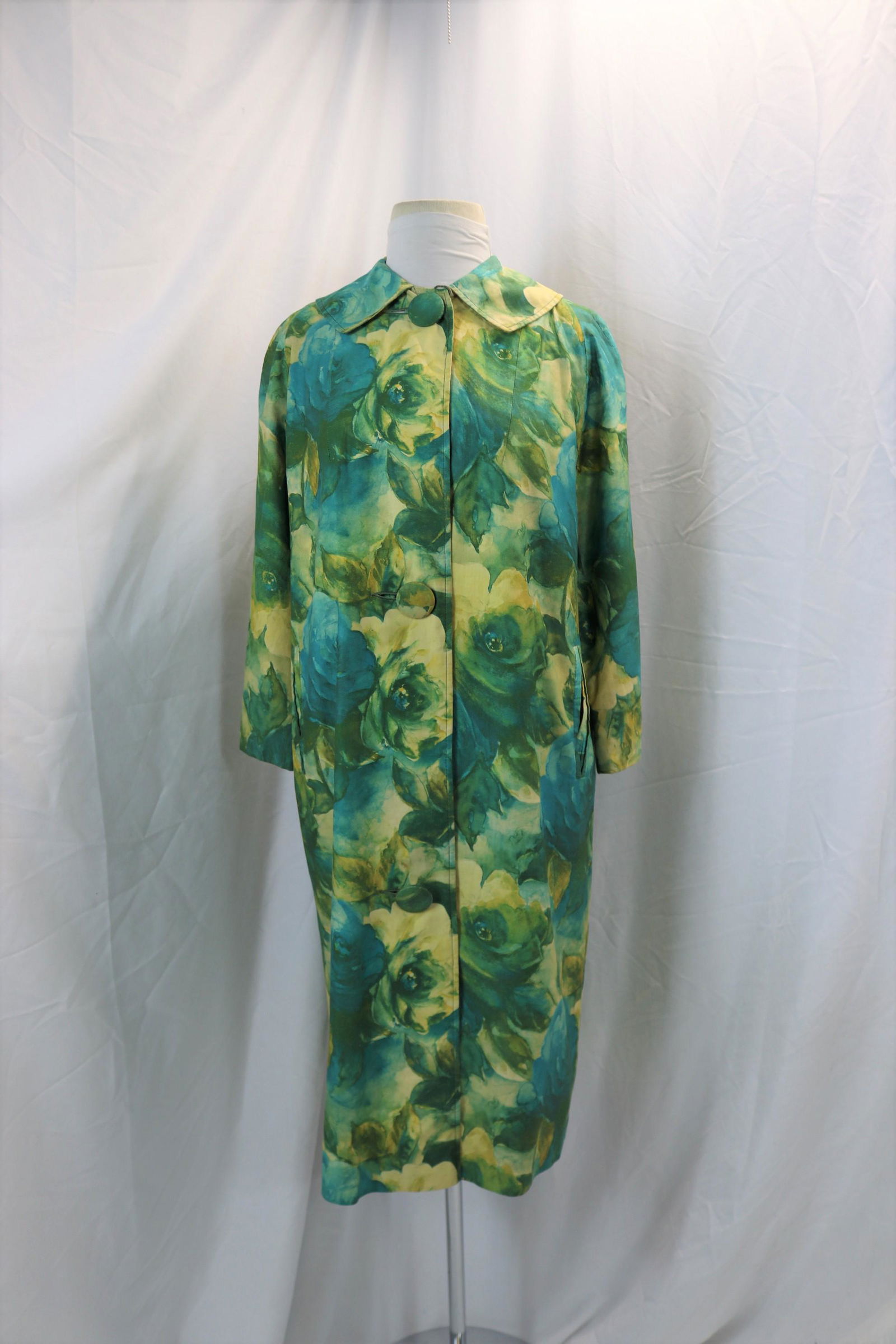 Vintage 1960's Blue Watercolor Floral Silk Spring Coat (1 of 4)