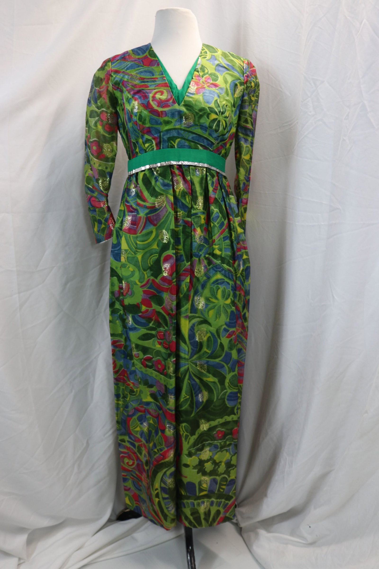 Vintage 1960's B Altman & Co. Green, Gold & Pink Metallic Gown: approx. 35/36 bust, 28 waist, good condition, see photo's