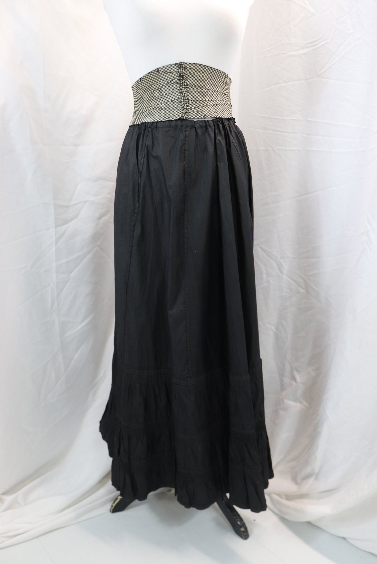 Victorian Black Cotton Slip/Skirt with Checkered Silk Cummerbund: approx. 24 waist, cummerbund has some silk fray, see photo's