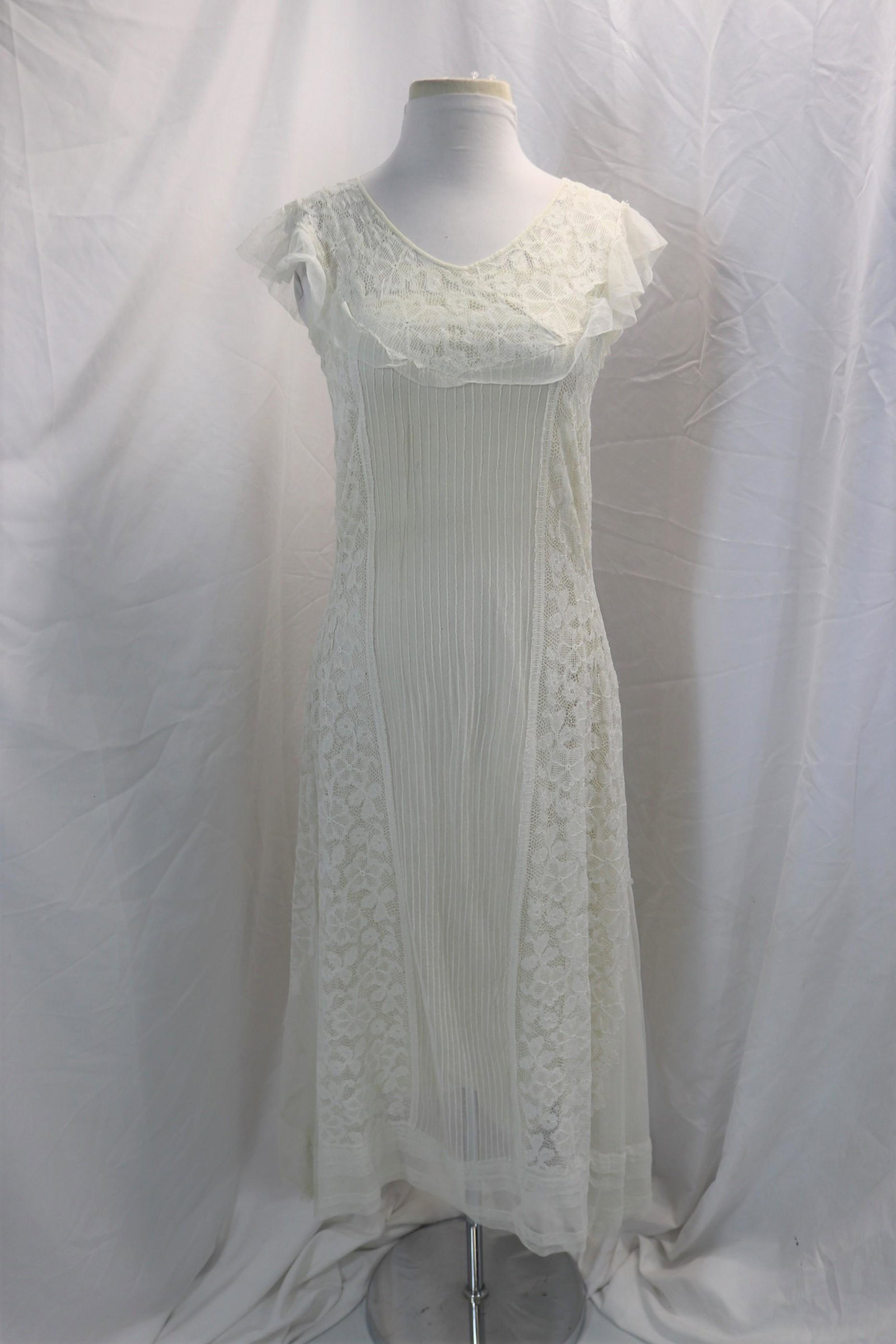 Vintage 1920's Lace Gown with Pin Tucked Netting: approx. 32 bust & waist, hard to find hole, and hole on inside silk lining, see photo's
