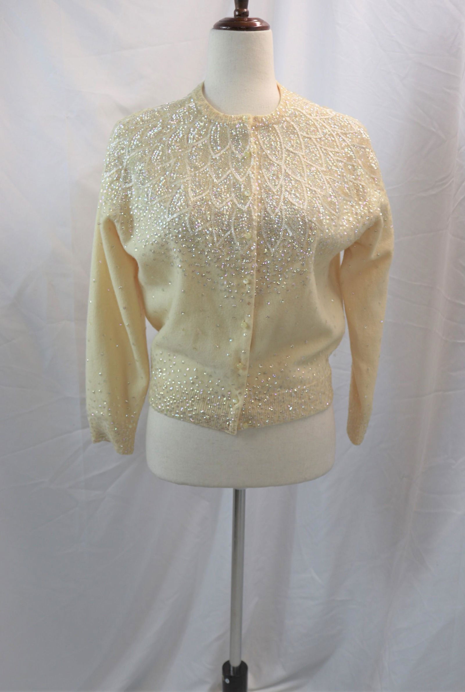 Vintage 1950's Teresa's Cream Color Wool Cardigan Sweater With Sequin & Beading: approx. 40 bust, 30 waist, will stretch, a few sequin missing, see photo's