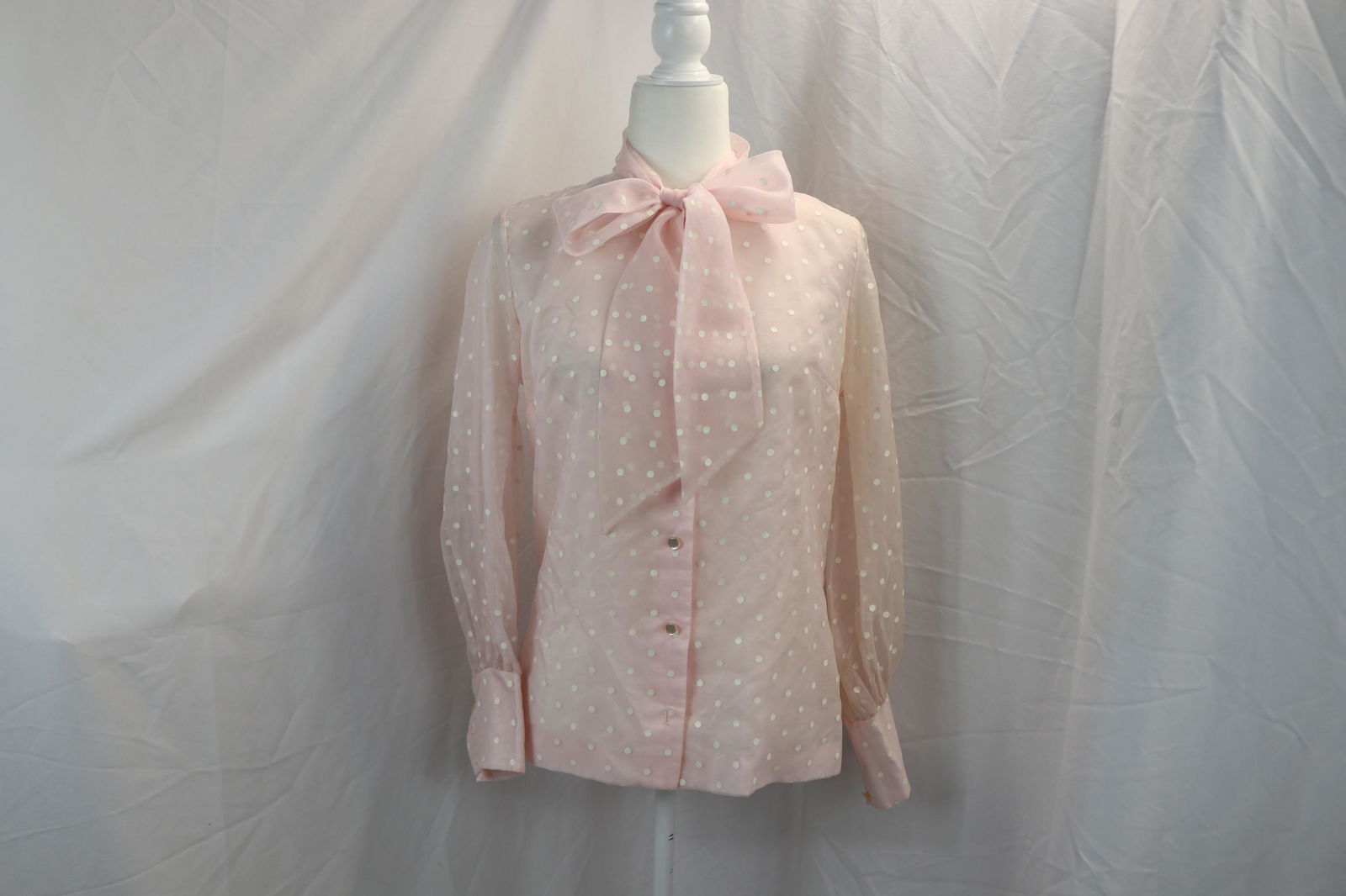 Vintage 1960's Judy Bond Pink Sheer Polyester Blouse with White Polka-Dots (1 of 5)