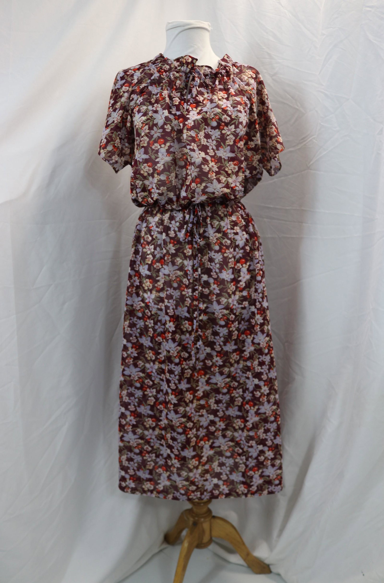 Vintage 1970's Burgundy Sheer Floral Print Dress (1 of 4)