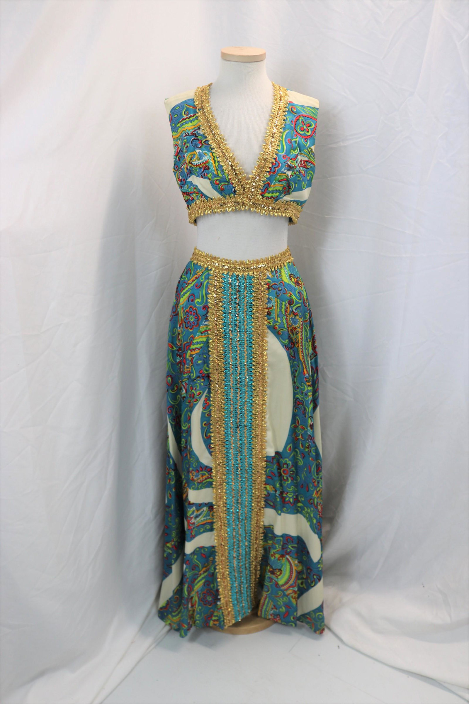 Vintage 1960/70's Marie Garree Skirt & Belly Shirt Set with Metallic Trim: approx. 32 bust, 22 waist, good condition, see photo's