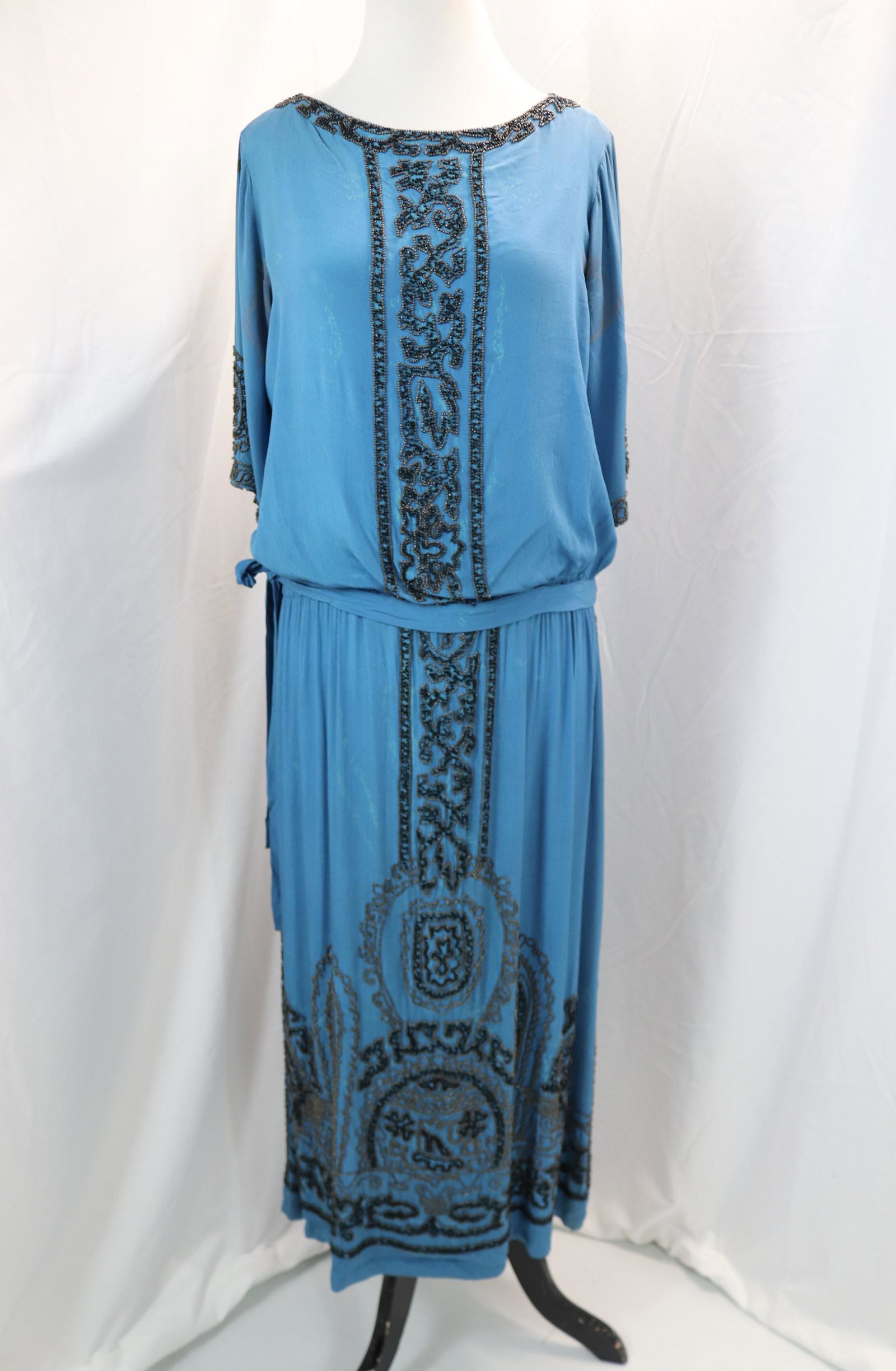 antique Edwardian blue silk & beaded gown: approx. 36 bust, 34 waist, underarm stains, light colored stains, see photos