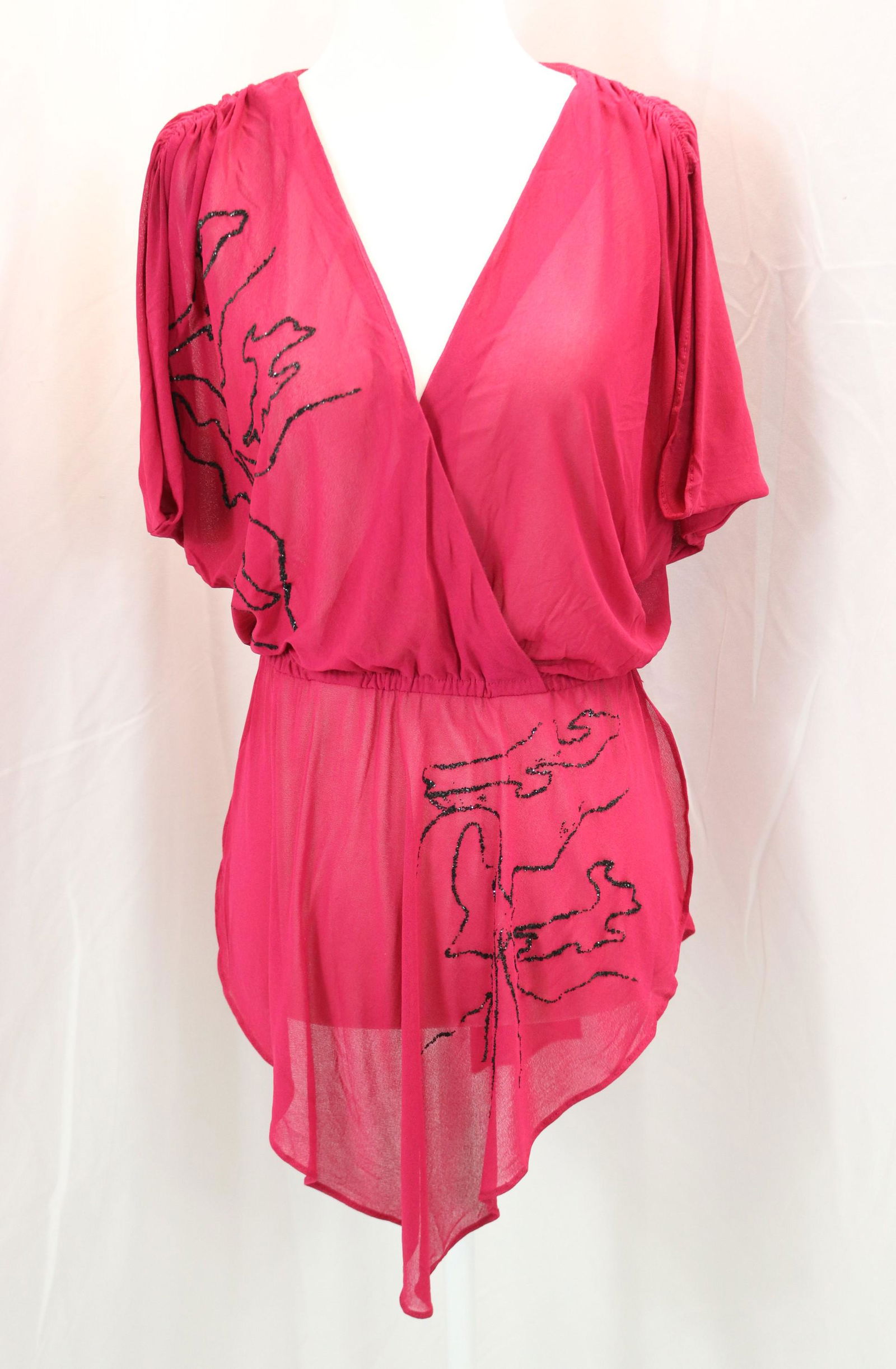 vintage 1980's pink rayon wrap style blouse with beading by Cactus: approx. 36 bust, 22 waist, some minor bead loss, good condition, see photos