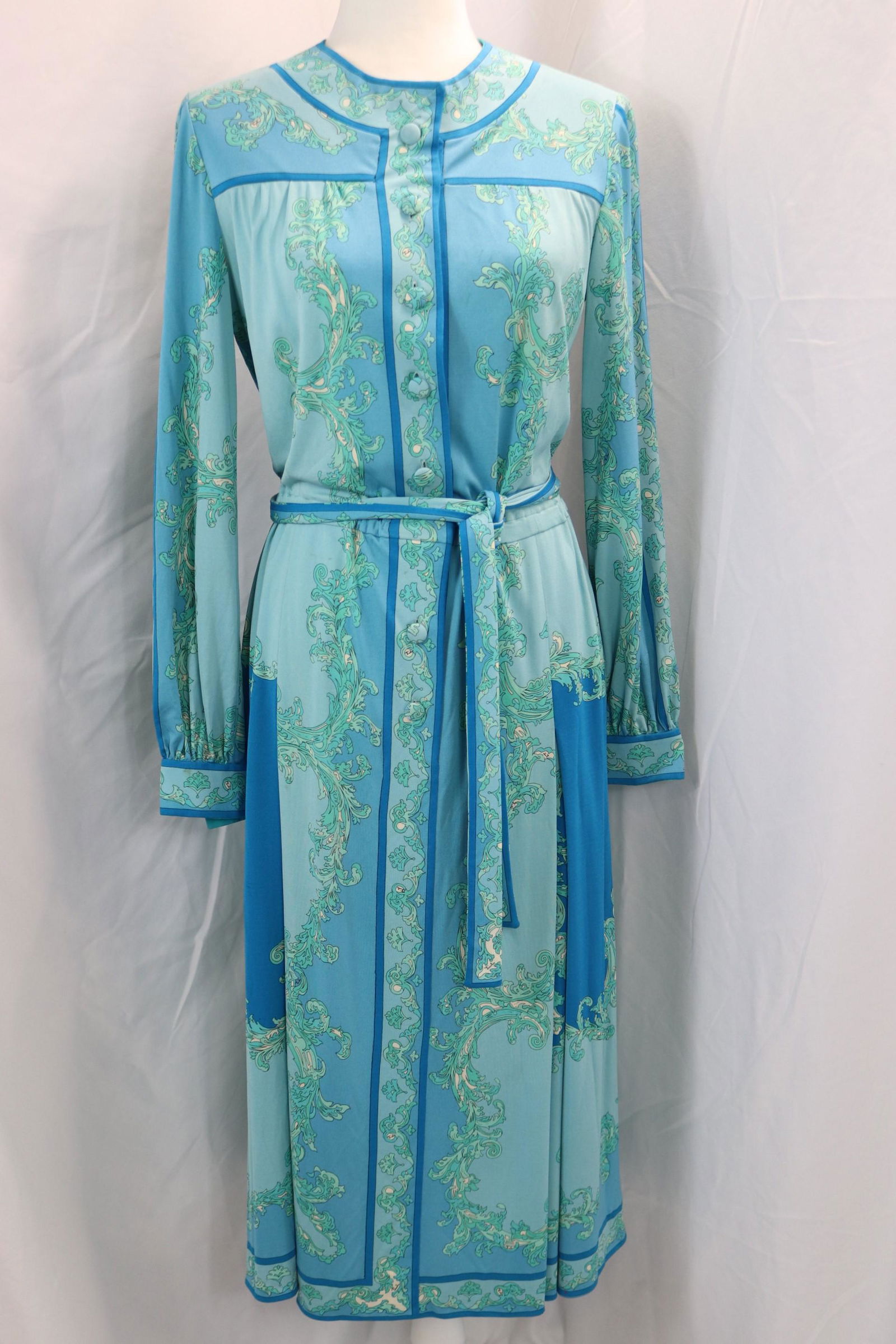 vintage 1970's Emilio Pucci blue print long sleeve dress with belt (1 of 11)