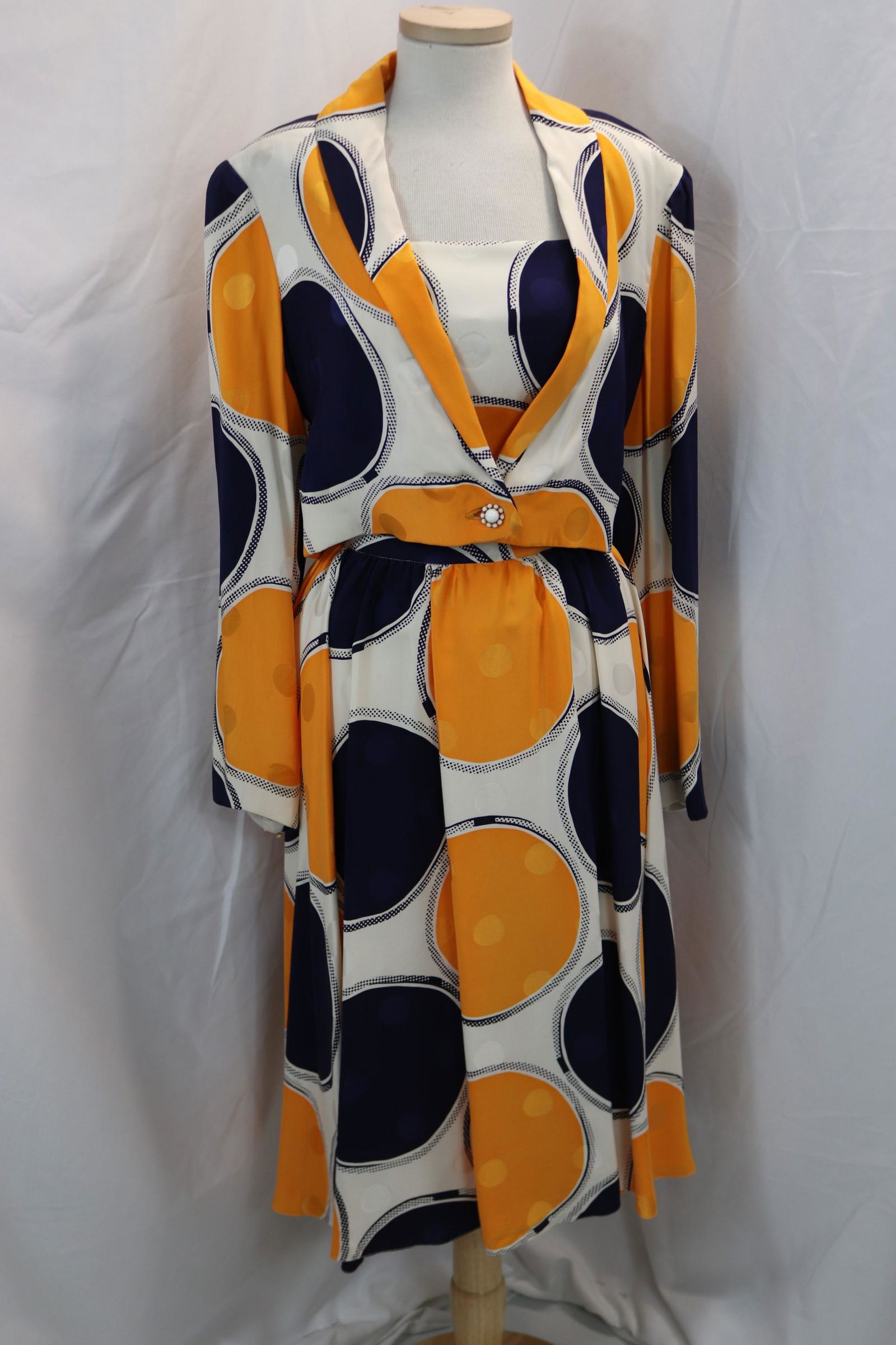 vintage 1960's Fenner original orange blue & white silk 3 piece skirt set, (1 of 14)