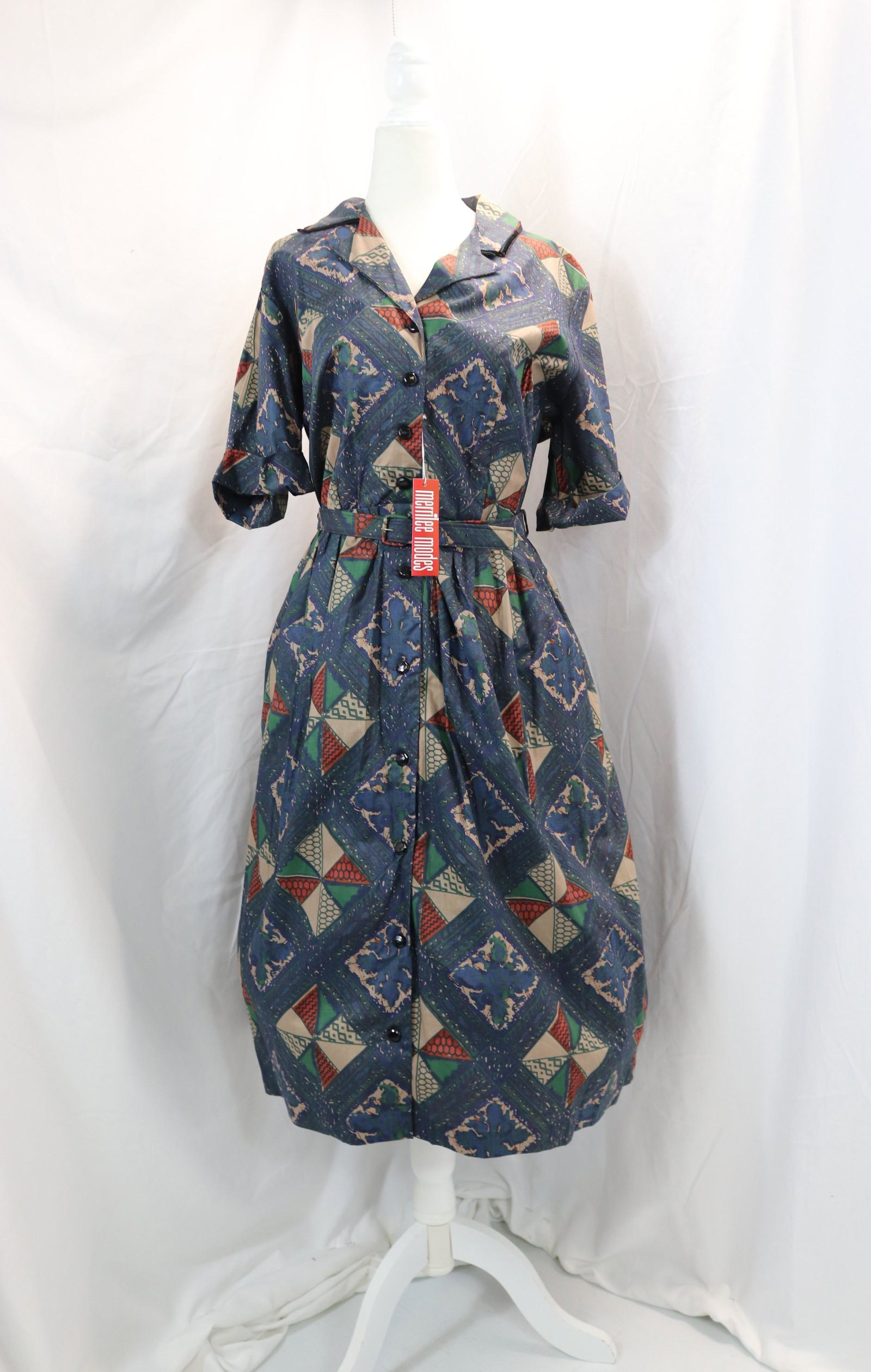 vintage 1950's Merrilee modes blue cotton old store stock shirt waist dress: approx. 42 bust, 32 waist, good condition with original tags, see photos