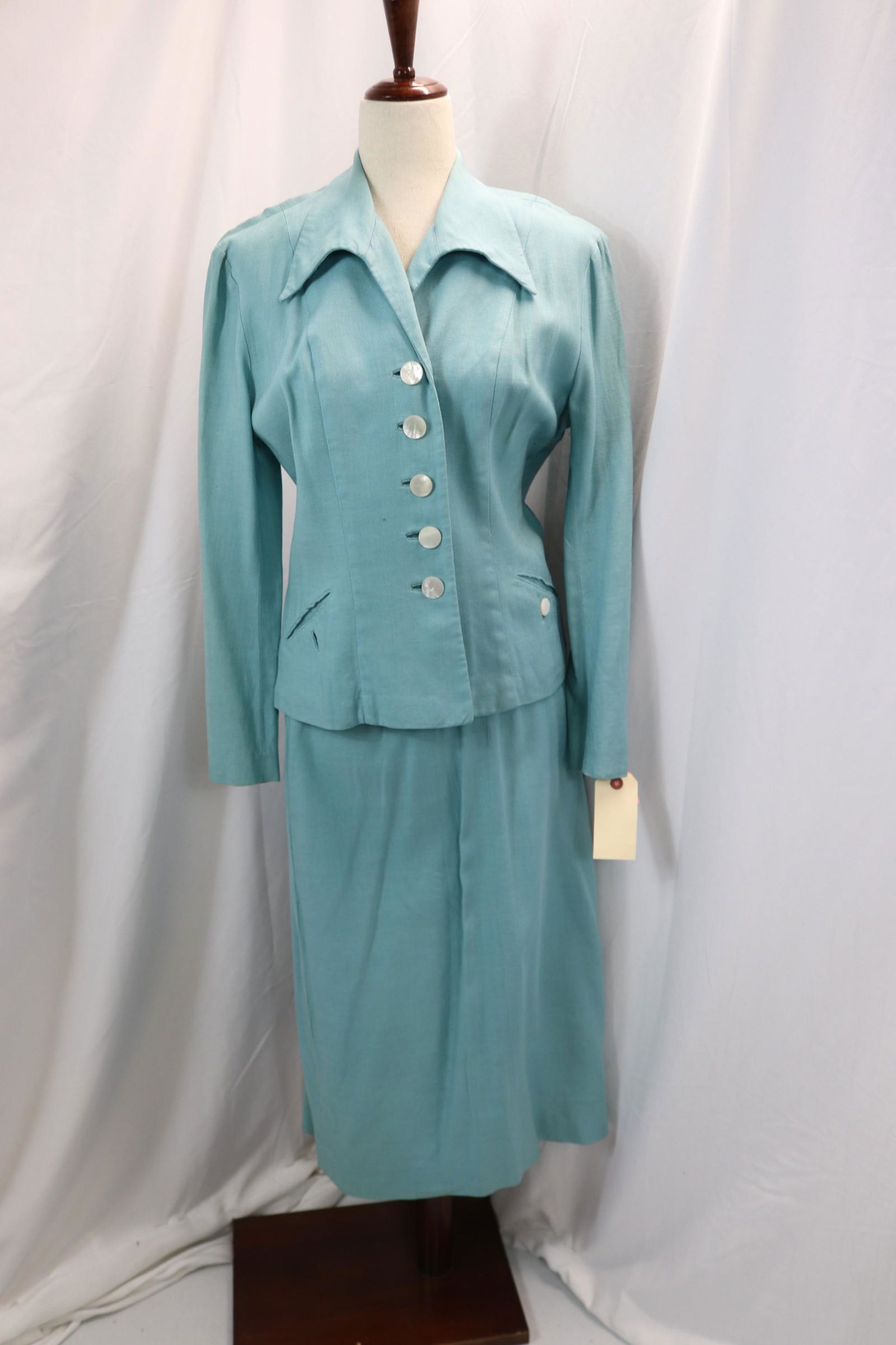 vintage 1940's Gilbert 2 piece linen aqua blue skirt set: approx. 38 bust, 35 waist, missing 1 pocket button, slight soil at collar, see photos