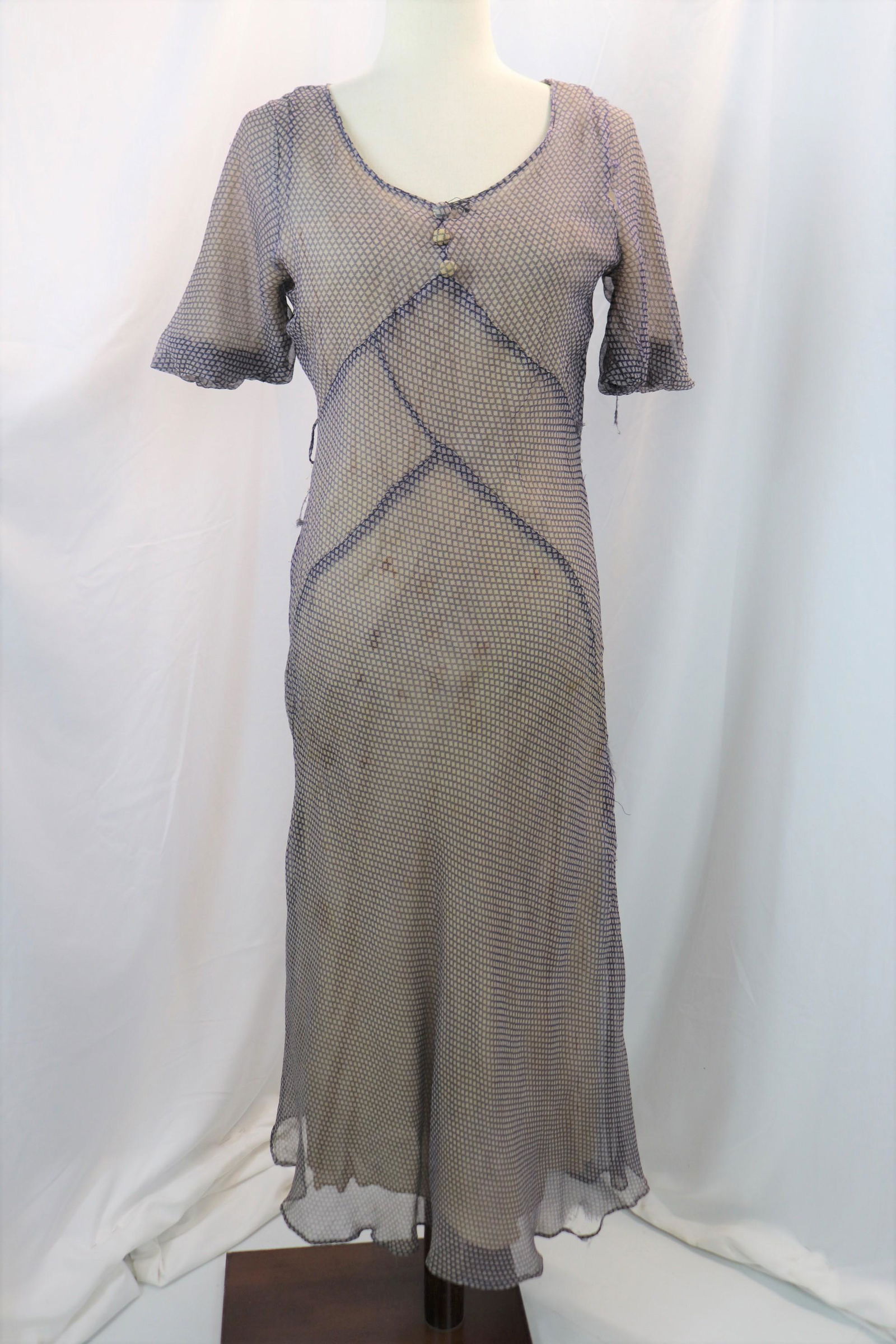 vintage 1930's sheer navy blue block print gown (1 of 12)