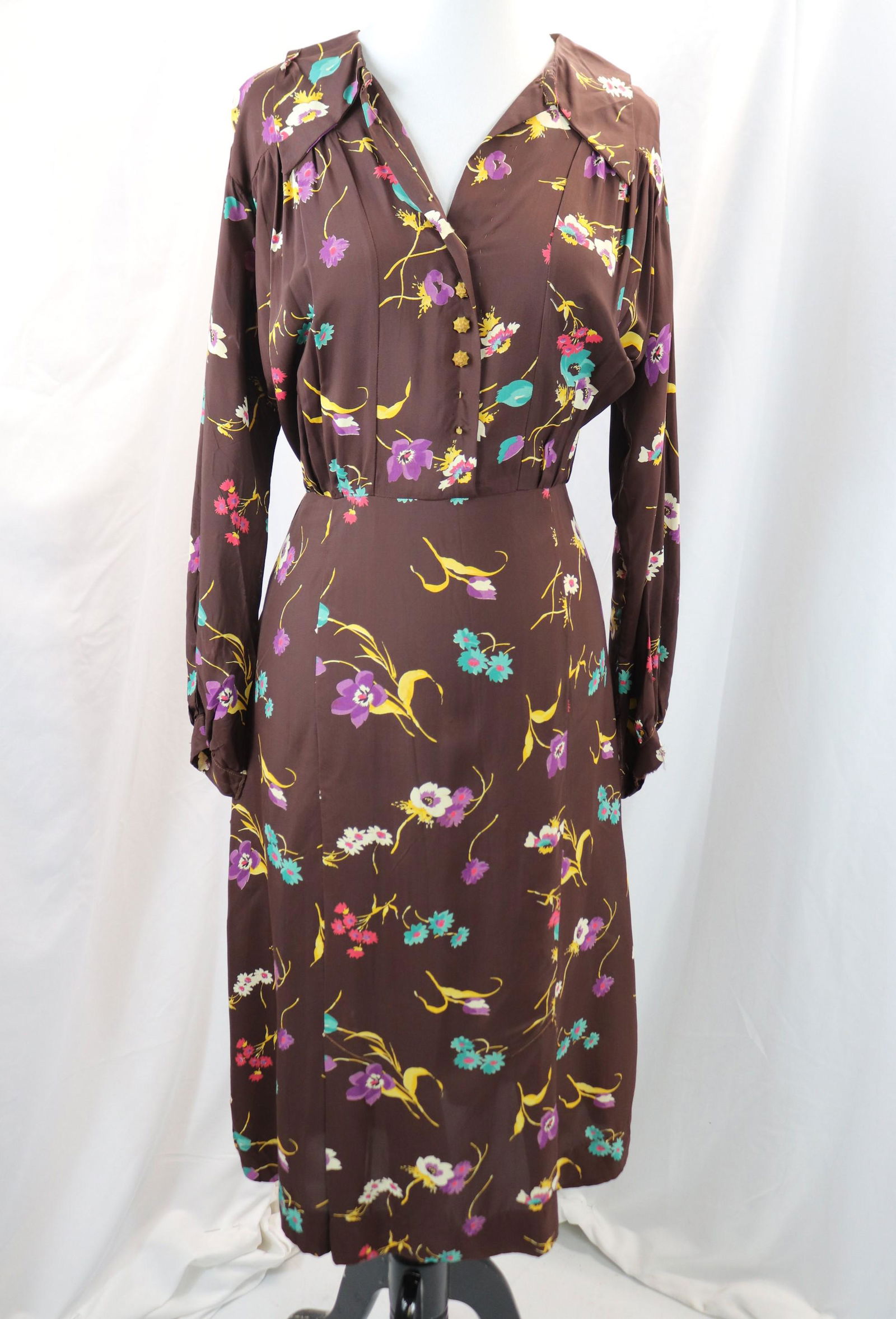 vintage 1930's brown & bright floral rayon day dress (1 of 14)