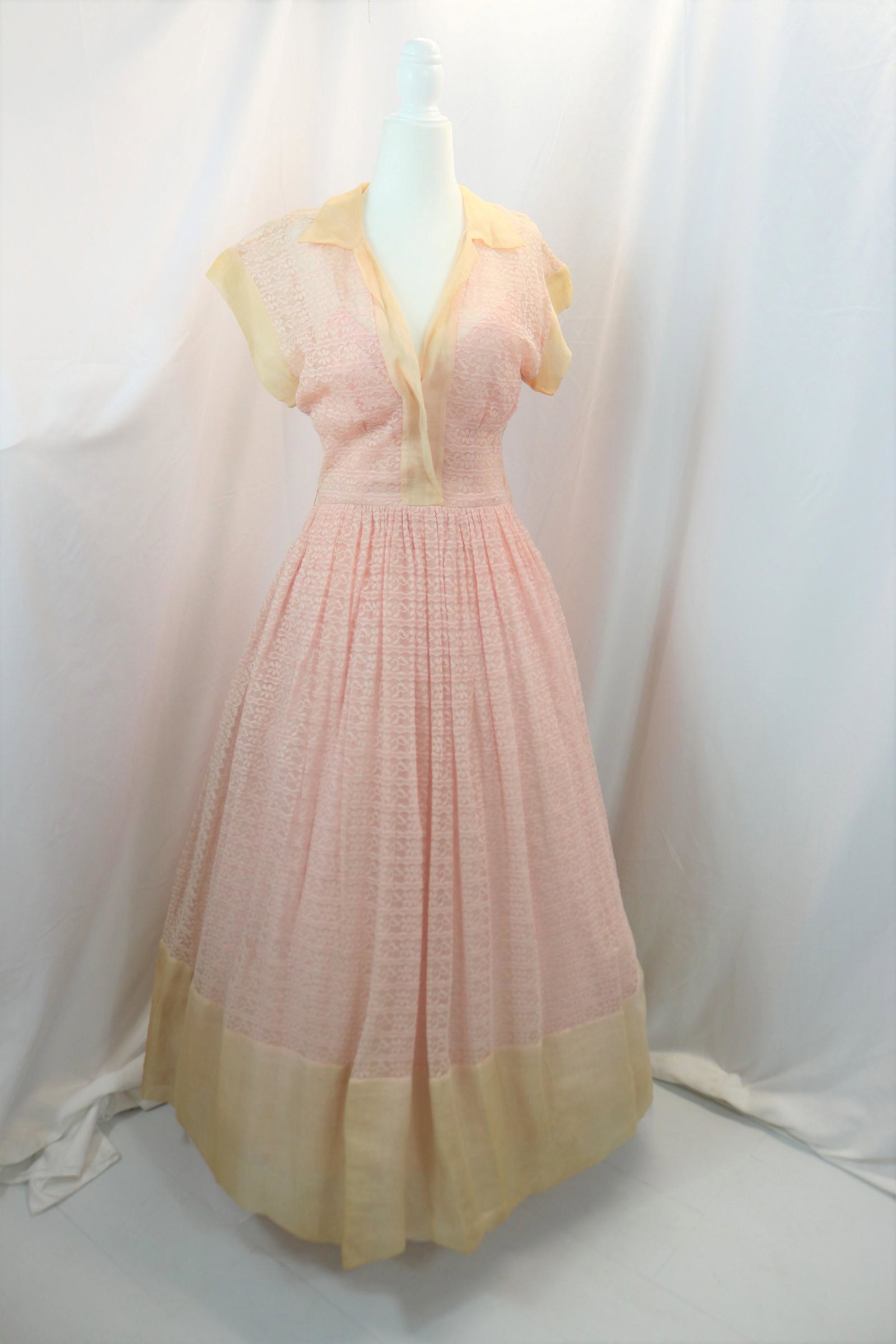 vintage 1950's pink lace gown: approx. 35 bust, 26 waist, stains on white silk, see photos