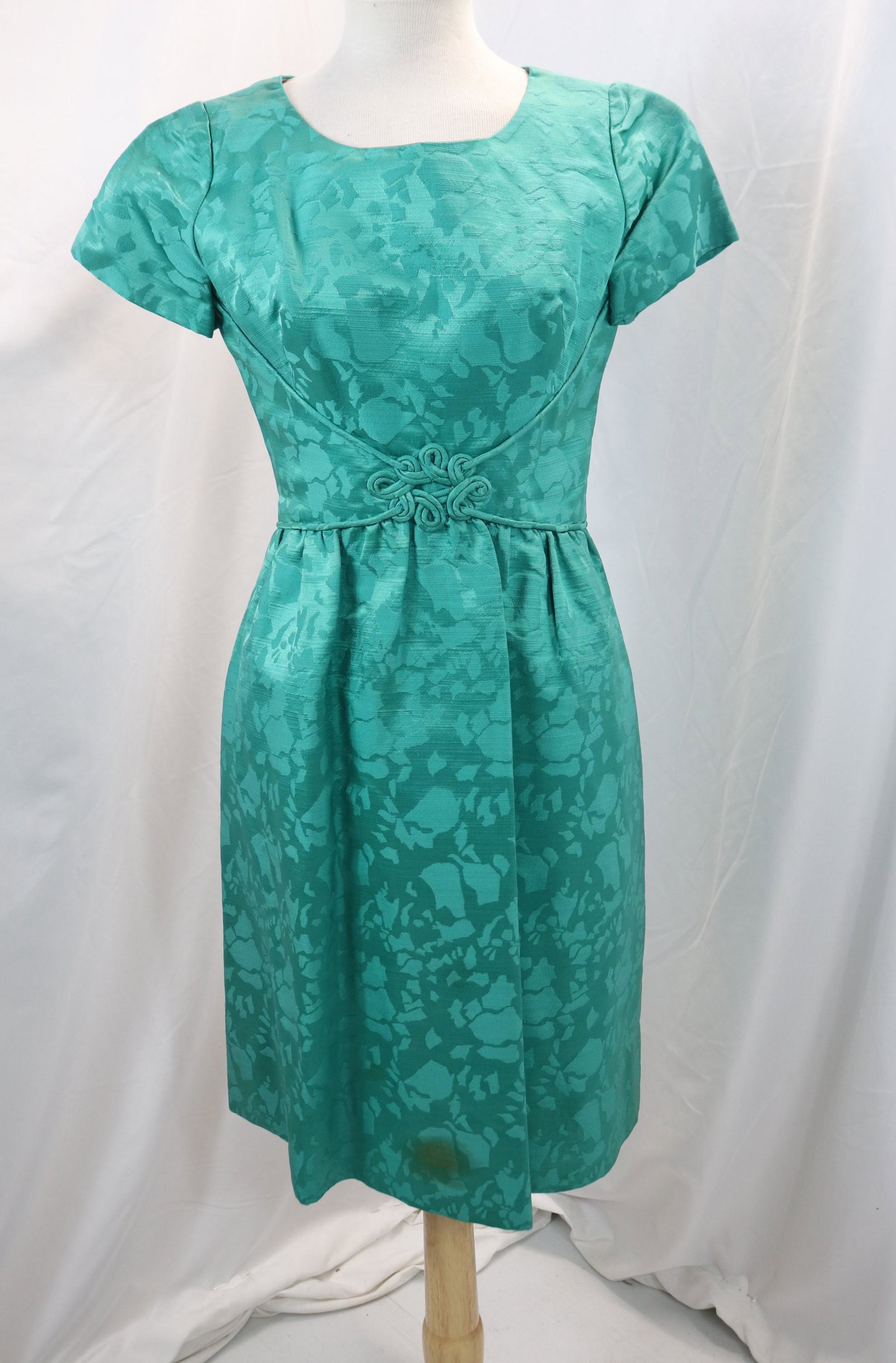 vintage 1950's Beatrice Lebow green silk brocade cocktail dress: approx. 32 bust, 26 waist, stain by the hem, see photos