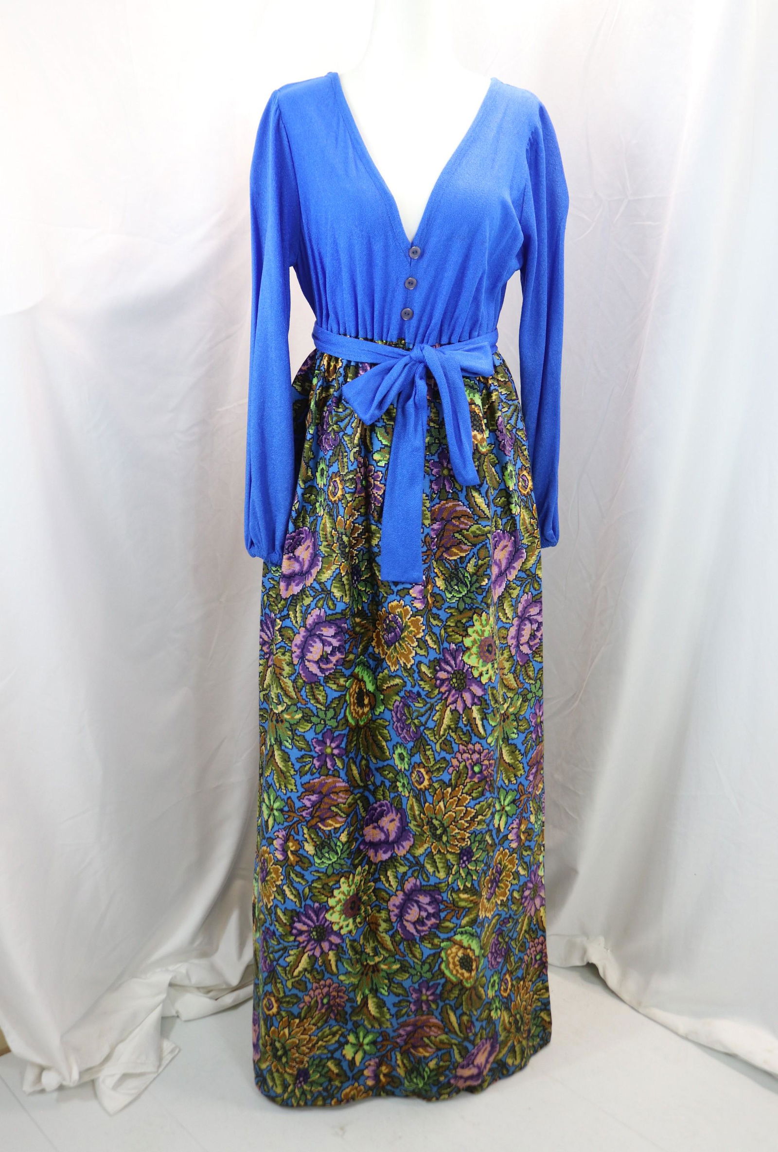 vintage 1970's Mitchell color block blue and floral maxi dress (1 of 5)
