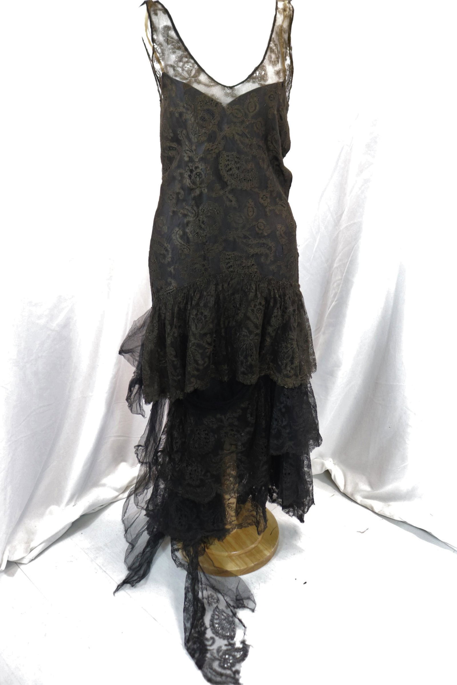 vintage 1920's full length black lace gown: approx. 30 bust, 28 waist, some holes & repair needed, see photos