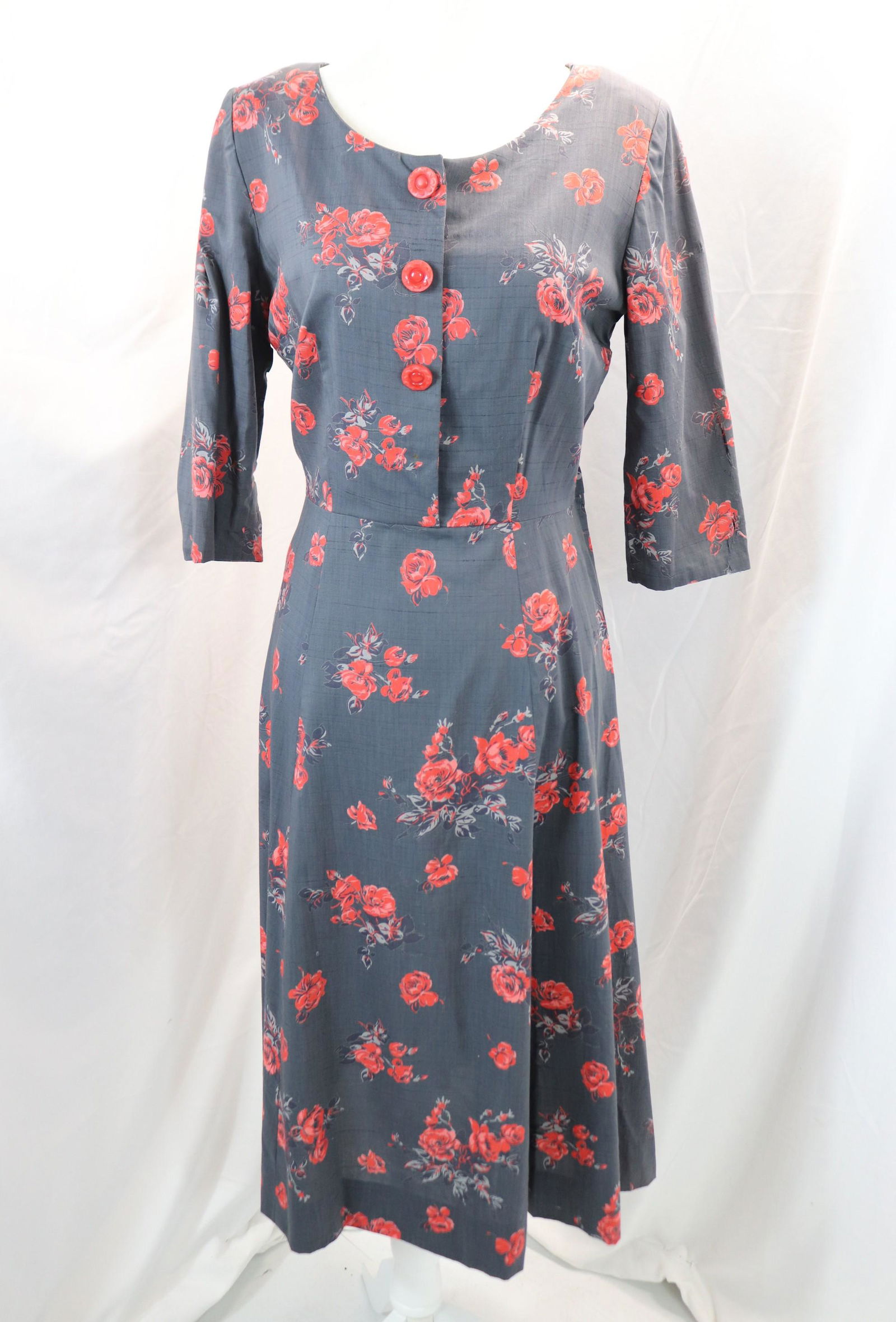 vintage 1950's gray with red rose print party dress (1 of 5)