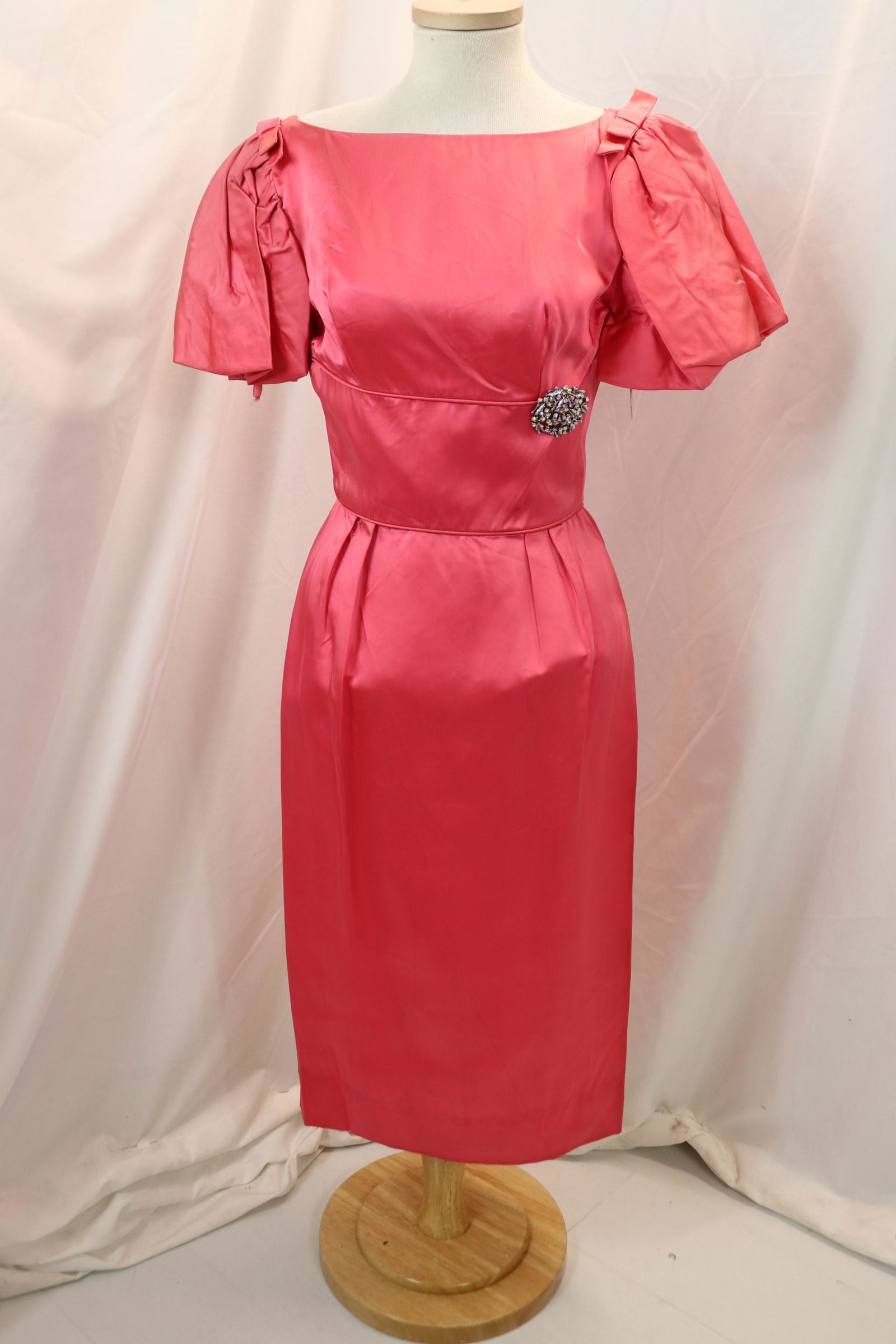 vintage 1950's pink satin wiggle dress with rhinestone brooch, old store stock (1 of 10)