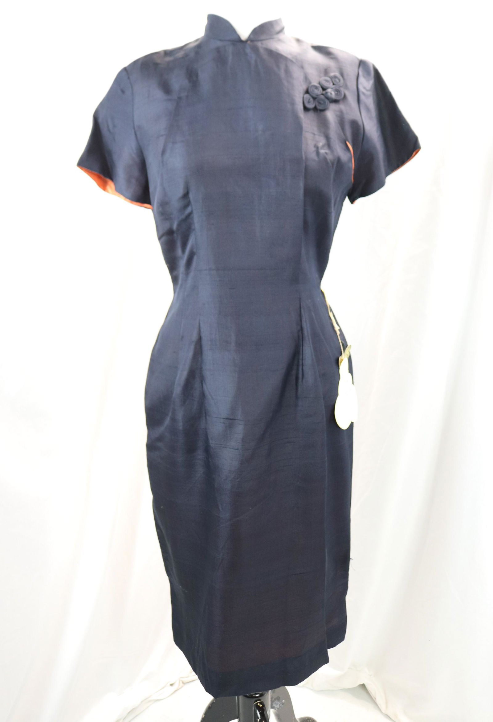 vintage 1950's navy blue silk Miss Mod Cheongsam custom fit dress old store stock (1 of 8)