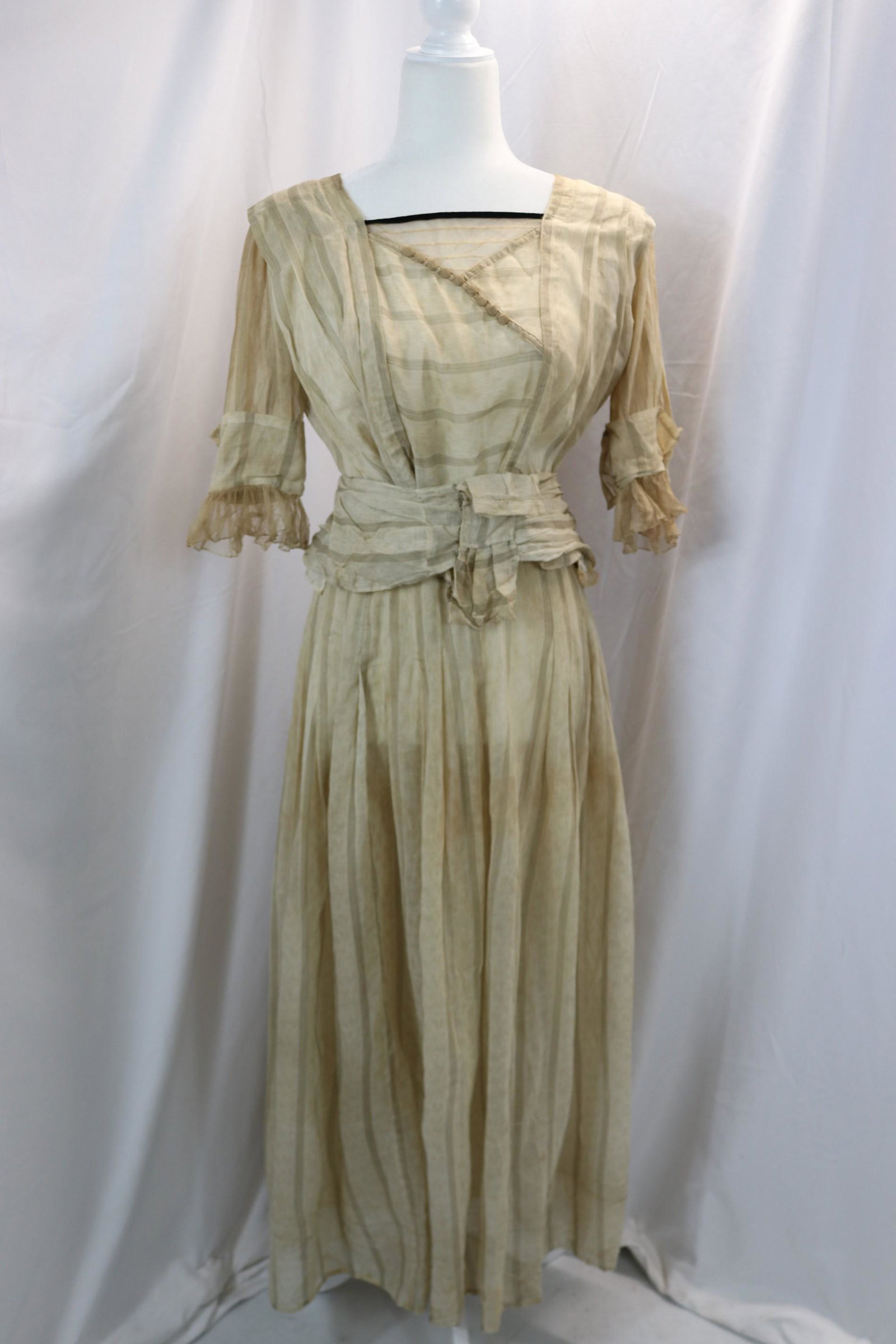 Edwardian 1910's sheer ecru stripe skirt set: approx. 44 bust, 30 waist, needs hemming, some soil throughout, see photos