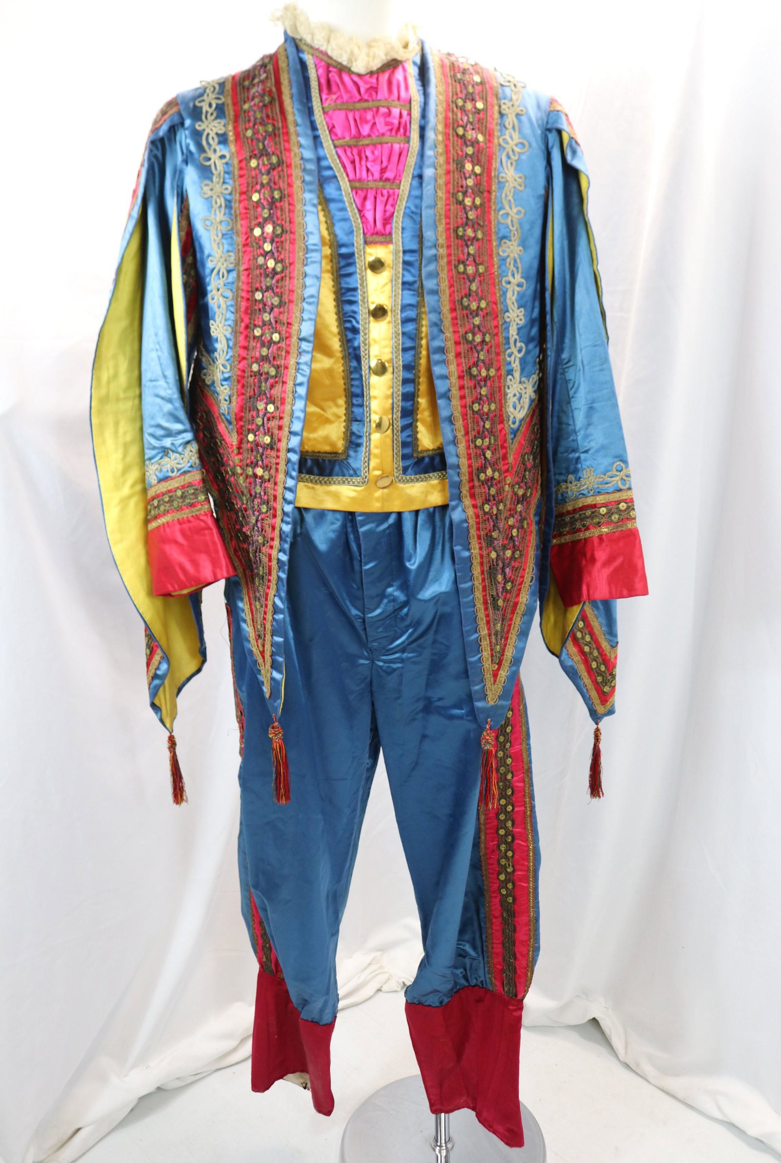 antique, age unknown, 3 piece men's royal jester costume with metallic trim: approx. 42 chest, up to a 42 waist, does have silk fray, under arm stains on vest, see photos