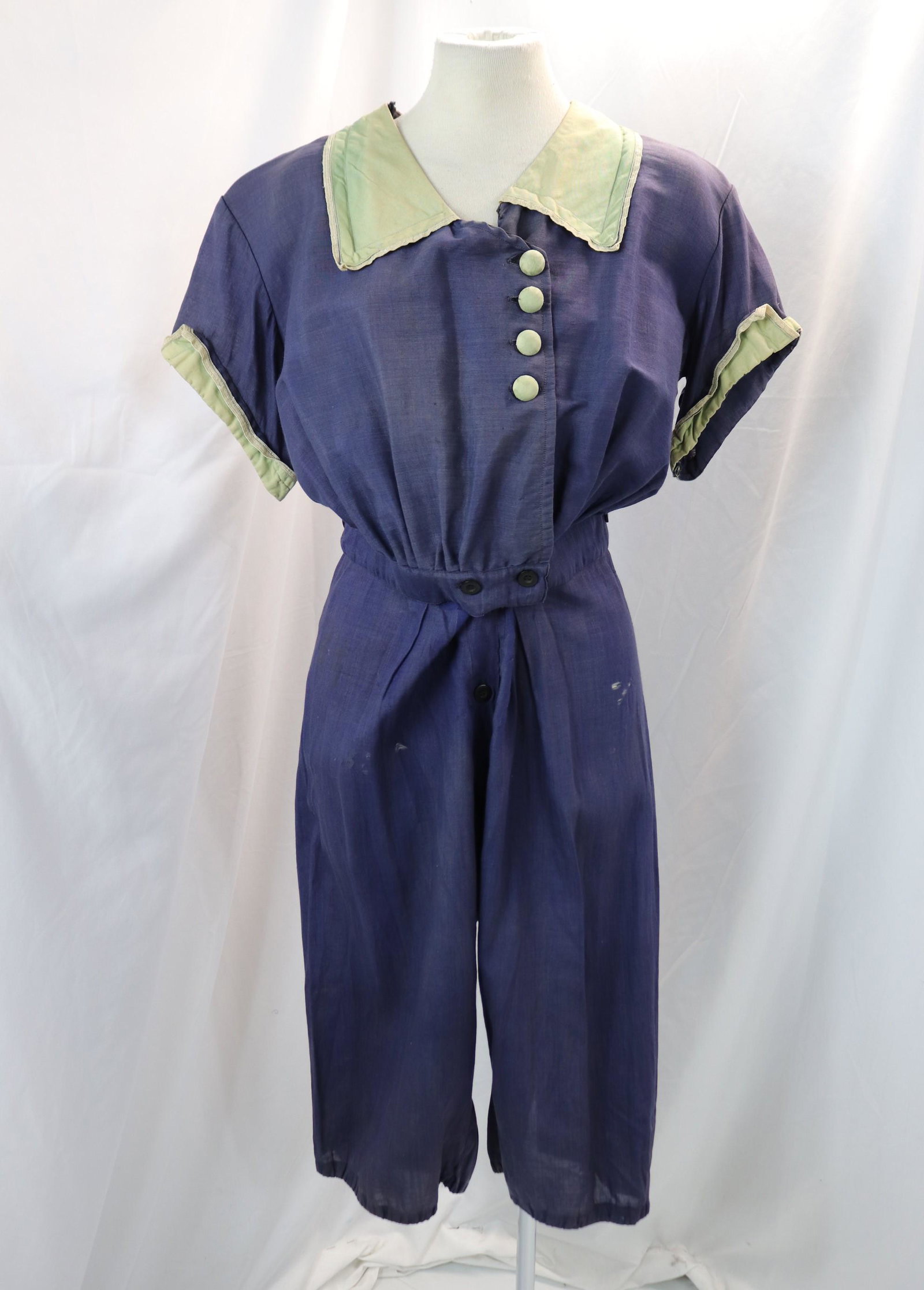 vintage 1920-30's blue lightweight wool ladies sports/gym uniform: approx. 42 bust, 28 waist, needs seam repair, holes throughout & faded, see photos