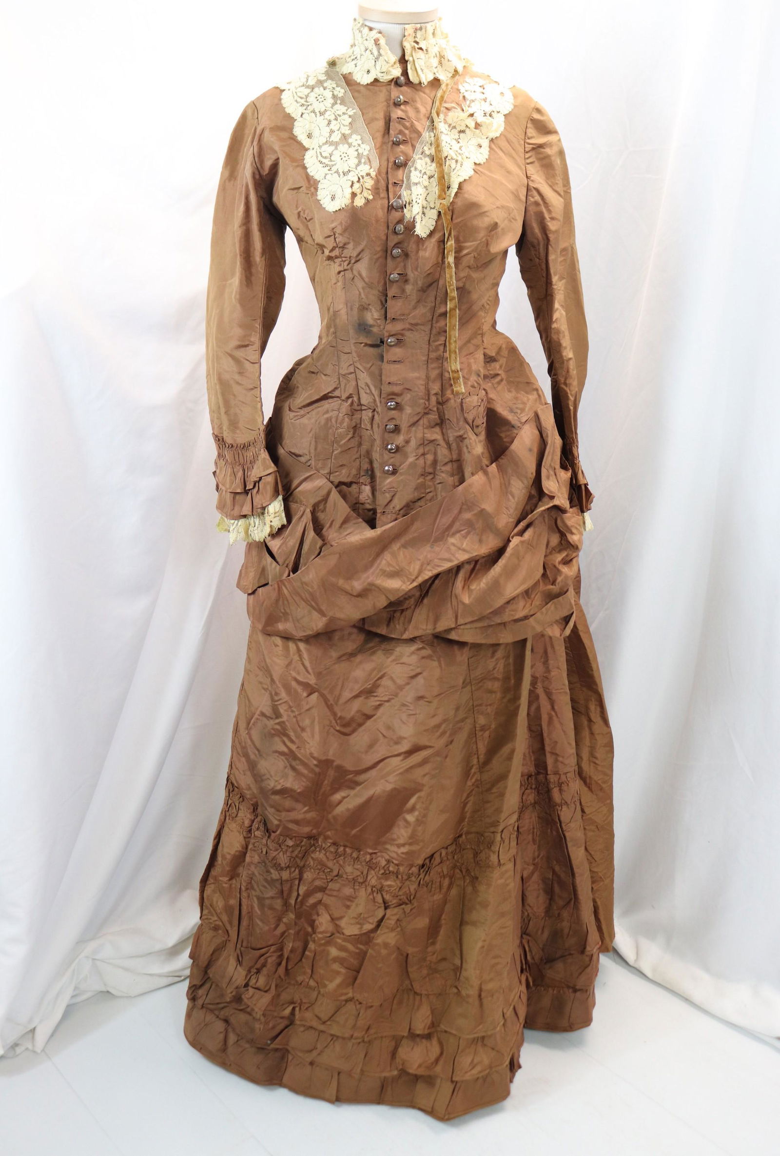 antique 1870's brown silk & lace bustle dress (1 of 19)