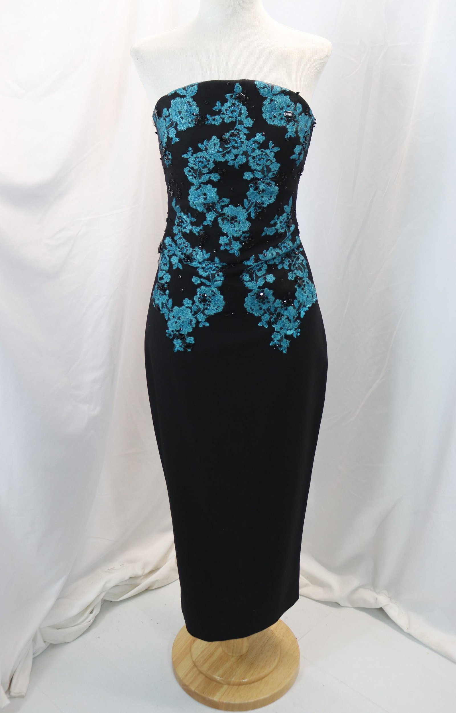 designer black strapless turquoise blue lace beaded wiggle dress: approx. 30 bust, 28 waist, 36 hip, in good condition unworn condition, see photos