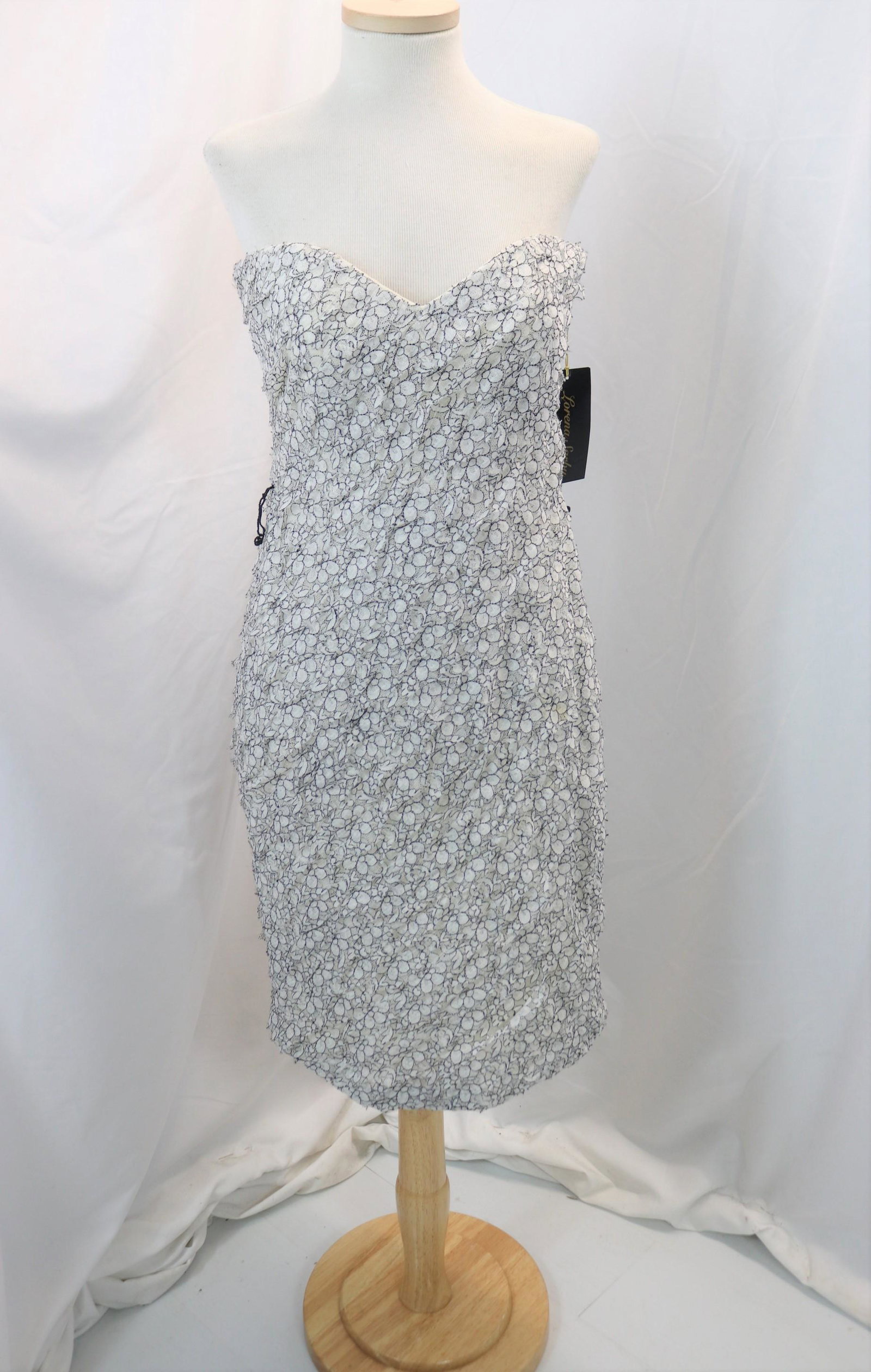 designer Lorena Sarbu black & white lace strapless wiggle dress: approx. 30 bust, 28 waist, 34 hip, missing belt, small stain, original tags, see photos