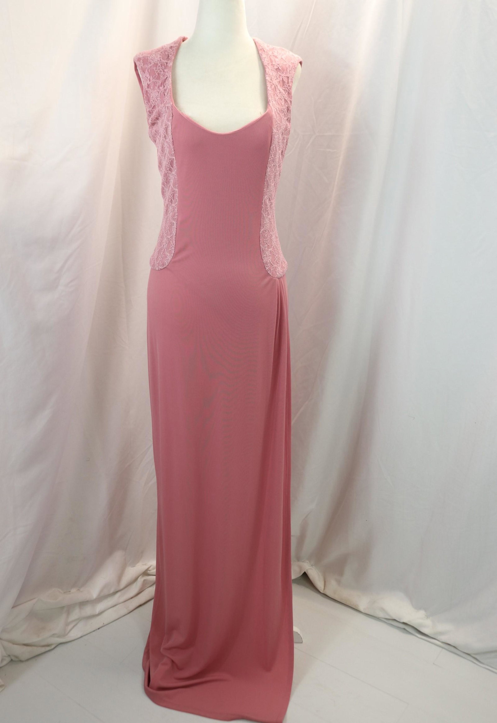 designer rose pink gown with leg slit & with lace: approx. 36 bust, 28 waist, in good condition, see photos